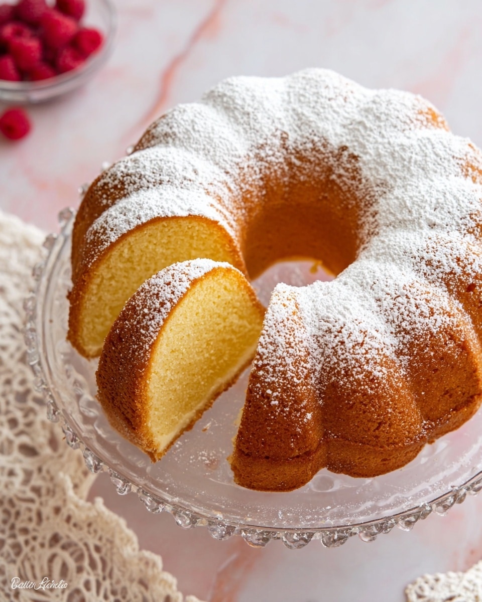 A golden brown bundt cake with a soft, light yellow inside is shown on a clear glass cake stand. The cake is dusted evenly with white powdered sugar on top, giving it a snowy look. Four slices have been cut and are slightly pulled out, revealing the smooth texture of the cake's inside layers. The background shows a delicate white lace cloth on a white marbled surface with a few raspberries peeking from the borders. Photo taken with an iphone --ar 4:5 --v 7
