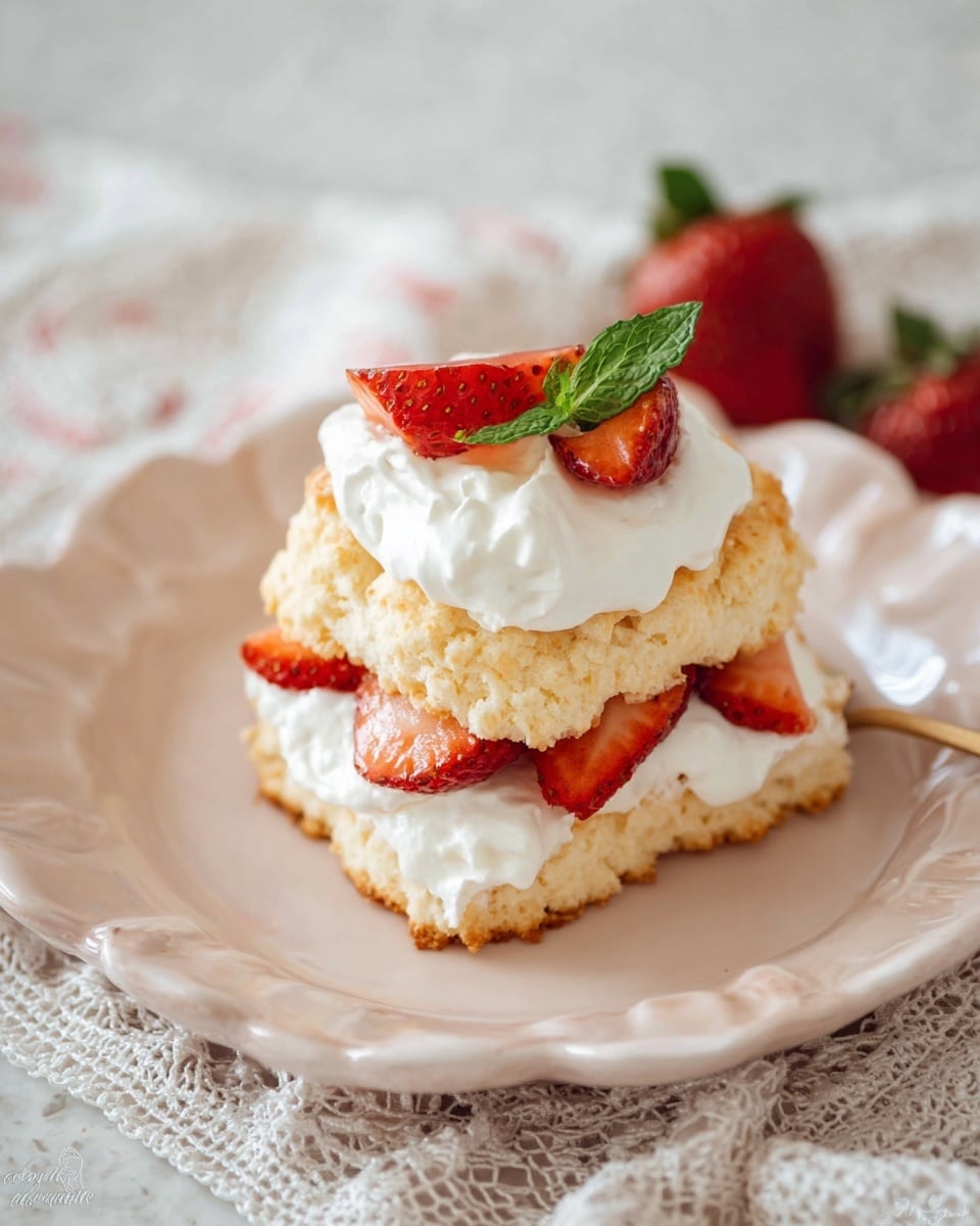 A shortcake dessert sits on a white plate with a scalloped edge, placed on a white marbled textured surface covered partly with lace fabric. The shortcake has two layers: a golden-brown biscuit base and a top biscuit layer with a slightly crumbly texture. Between the layers is a thick layer of white whipped cream and several slices of bright red strawberries. On top, there is another dollop of whipped cream with two strawberry halves and a small green mint leaf as garnish. Photo taken with an iphone --ar 4:5 --v 7