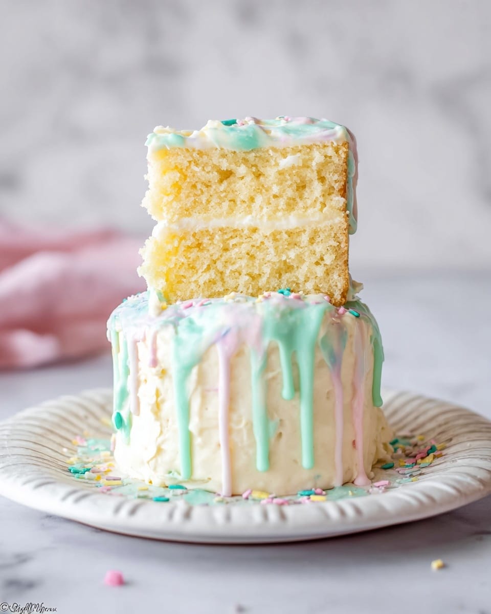 A small, round, two-layer cake with light yellow sponge visible in the top cut piece, showing one central thin creamy layer; the cake is covered in smooth white frosting with pastel blue, pink, and green drizzled icing on the sides and top. The cake sits on a white decorative plate placed over a white marbled texture surface, with some small colorful sprinkles scattered around the base. The top cake piece is slightly tilted, revealing the soft and moist texture inside. Photo taken with an iphone --ar 4:5 --v 7