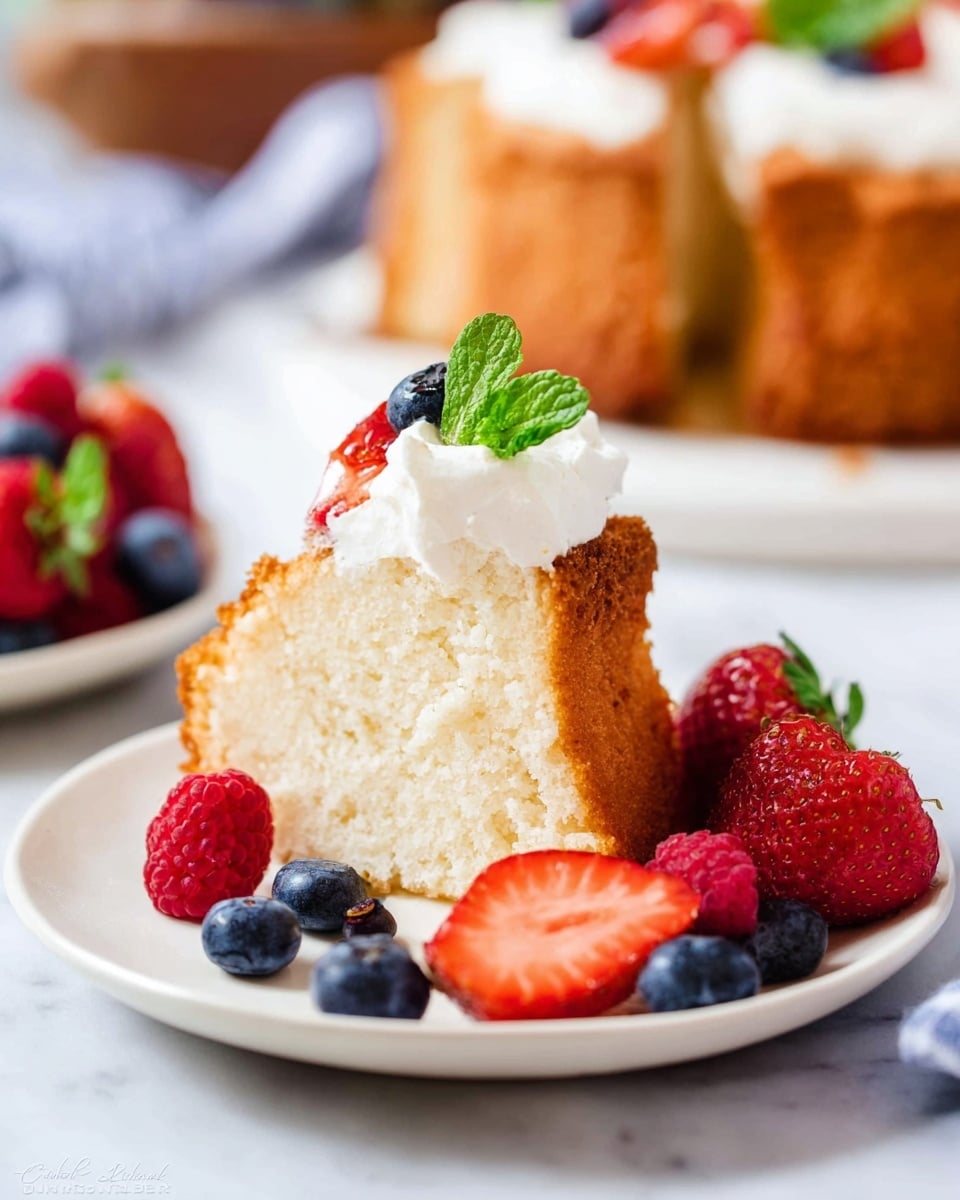 A white plate holds a piece of light, airy cake with a golden brown crust, topped with a dollop of white whipped cream. Surrounding the cake are fresh red strawberries sliced in half, whole deep blue blueberries, and red raspberries with green mint leaves. In the blurred background, the rest of the cake sits on a white plate on a white marbled surface. The photo is bright with natural light. photo taken with an iphone --ar 4:5 --v 7