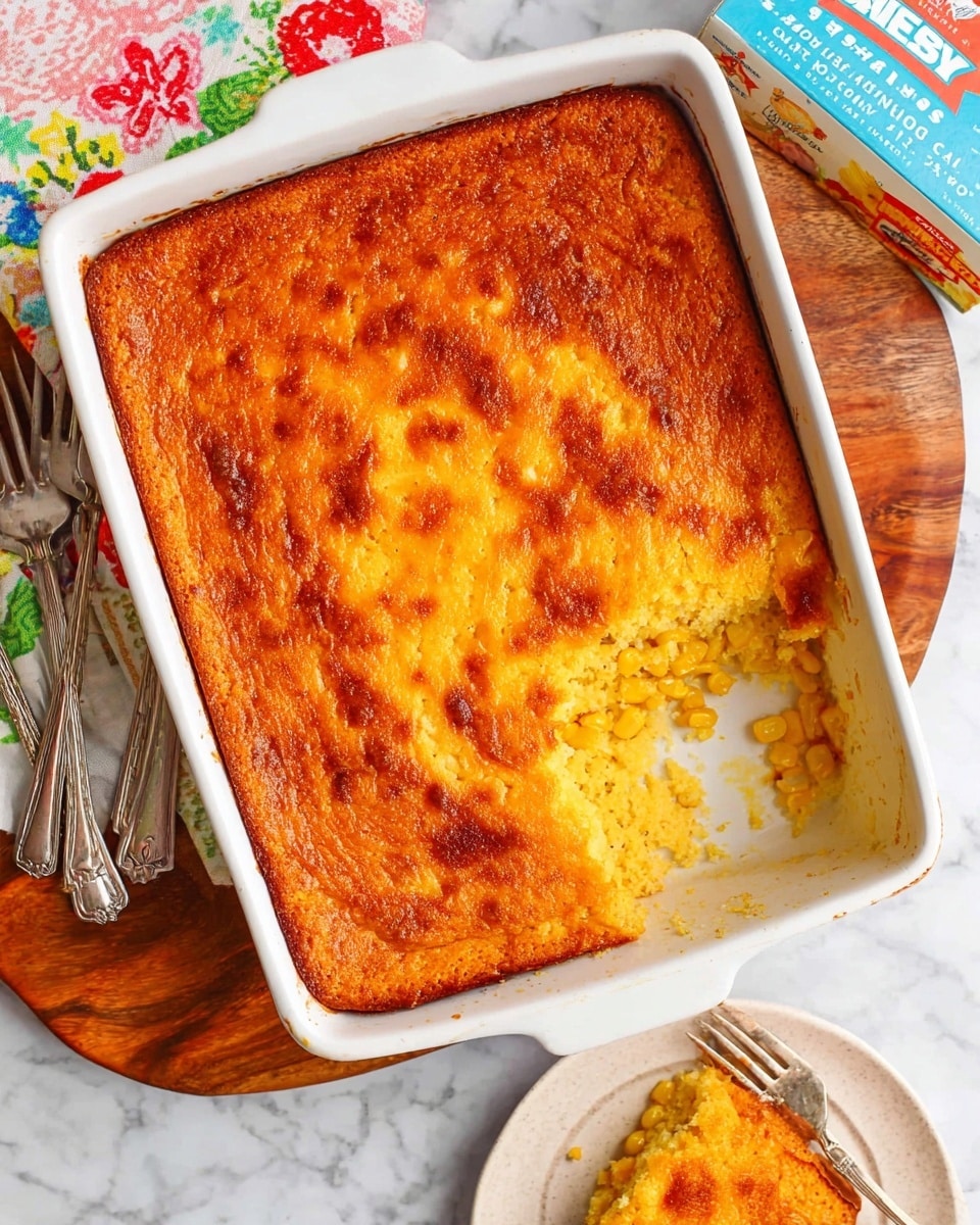 The image shows a white square baking dish filled with a baked corn casserole that has a golden-brown top layer with slightly darker browned spots around the edges, creating a crispy crust. A portion of the casserole has been scooped out from the bottom right corner, revealing a soft, moist, and slightly chunky yellow interior with pieces of corn visible. The baking dish is placed on a wooden board, and part of a white marbled surface with some kitchen items such as forks and a colorful cloth with a floral pattern can be seen in the background. The overall look is warm and appetizing, emphasizing the texture contrast between the crispy top and soft inside. Photo taken with an iphone --ar 4:5 --v 7
