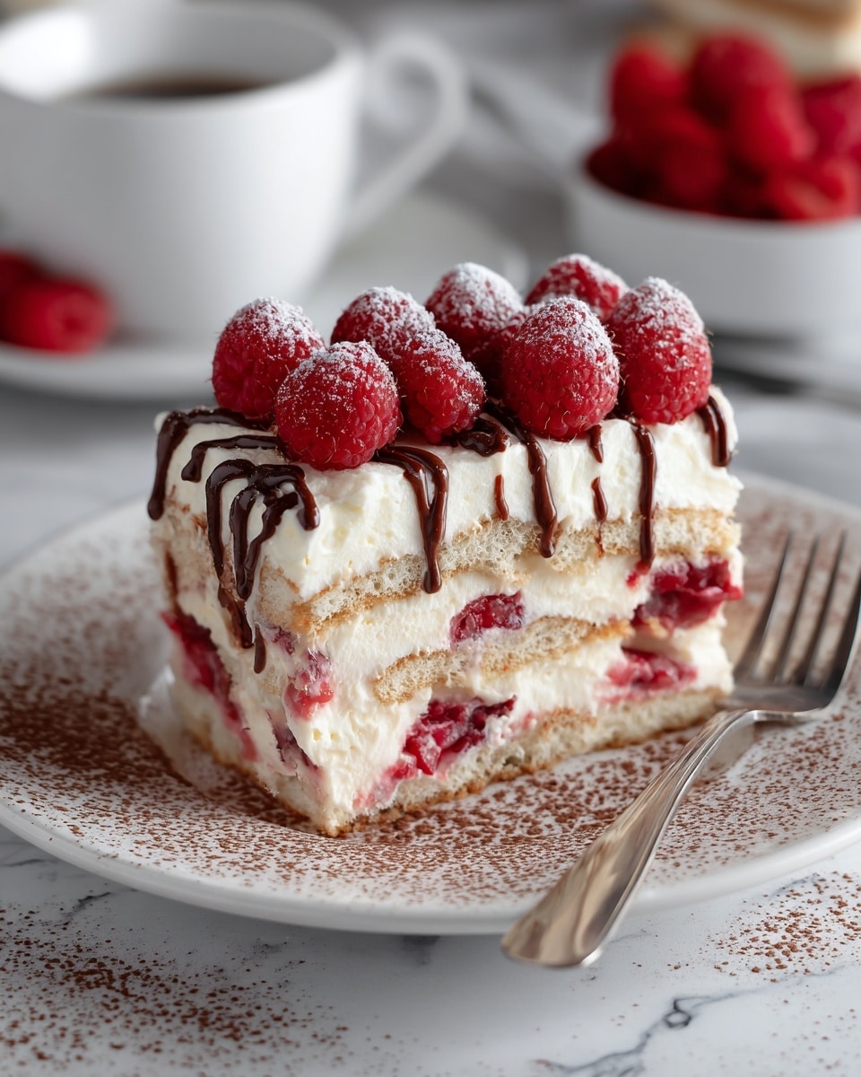 A square slice of layered dessert sits on a white plate with a dusting of cocoa powder around it. The dessert has three visible layers: a bottom layer of soaked ladyfingers with red raspberry filling, a middle thick creamy white layer, and a second layer of ladyfingers with more raspberry filling. The top layer is thick white cream, drizzled with chocolate sauce and topped with fresh red raspberries dusted lightly with powdered sugar. A fork rests next to the dessert on the plate. The background is a white marbled texture with out-of-focus elements including a white cup and scattered raspberries. photo taken with an iphone --ar 4:5 --v 7