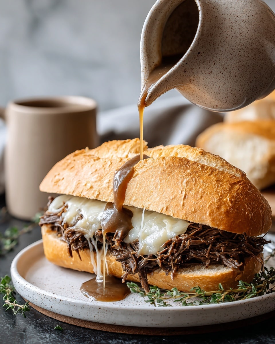 A sandwich with a golden brown crusty bread cut open horizontally, filled with shredded dark brown meat layered with melted white cheese on top. Thick brown gravy is being poured over the sandwich from a rustic brown ceramic jug. The sandwich sits on a white plate with a few sprigs of fresh green herbs placed next to it, on a white marbled surface. In the background, a matching ceramic jug is softly blurred, adding a warm and cozy feel. Photo taken with an iphone --ar 4:5 --v 7