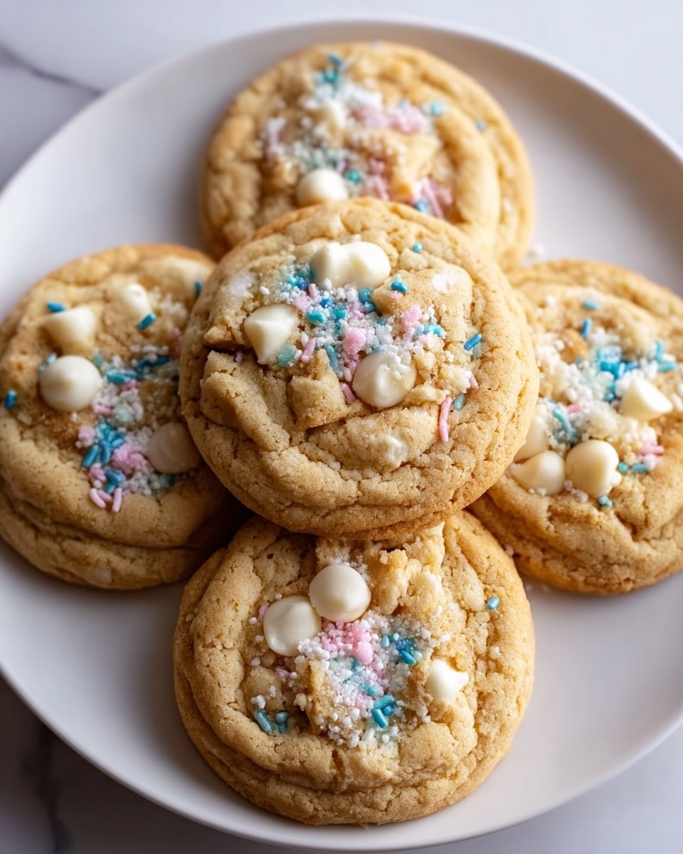 Five round cookies with a light golden-brown color sit on a white plate. Each cookie has a crumbly, slightly rough surface with small white chocolate chips scattered on top. There are also tiny pastel sprinkles in blue, pink, and white colors, along with some white sugar crystals adding sparkle. The cookies are arranged closely, showing different textures of soft dough and crunchy toppings. The background is a white marbled surface. photo taken with an iphone --ar 4:5 --v 7