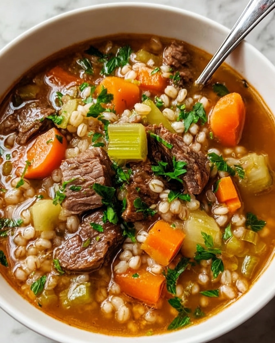 A white bowl filled with a beef and barley soup resting on a white marbled surface. The soup contains six chunky brown beef pieces, scattered on top and mixed inside. There are bright orange carrot chunks and light green celery pieces spread evenly throughout the soup. The broth is clear brown and slightly shiny. White barley grains fill the spaces between the meat and vegetables. Small green parsley leaves are sprinkled on top, adding a fresh touch to the dish. A silver spoon is partially visible on the right edge of the bowl. photo taken with an iphone --ar 4:5 --v 7