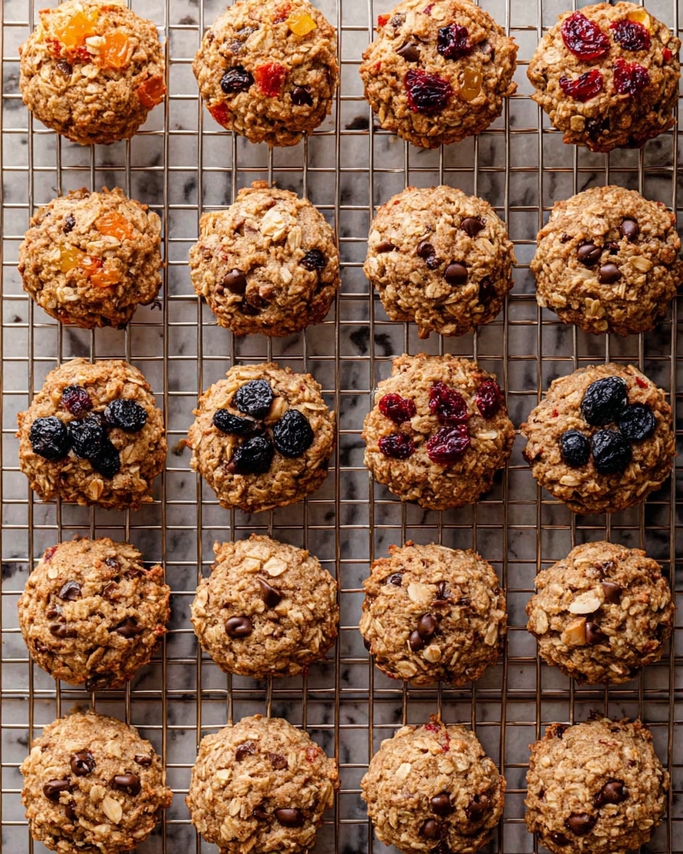 A grid of twenty round oatmeal cookies is shown on a metal cooling rack, placed over a white marbled texture. The cookies are arranged in five rows and four columns. The top row features cookies with visible chunks of orange-colored dried fruit and nuts, with a rough, textured surface in light brown shades. The second row has cookies studded with chocolate chips scattered on top, dark brown against the oatmeal base. The third row shows cookies topped with red dried cranberries, contrasting with the light oatmeal dough. The fourth row includes cookies marked with dark blueberries that stand out on the surface. The bottom row has cookies with lighter nuts and pieces of reddish fruit, textured with oats and grains throughout. The overall look is rustic, with a variety of textures and colors on each cookie, warm and inviting. photo taken with an iphone --ar 4:5 --v 7