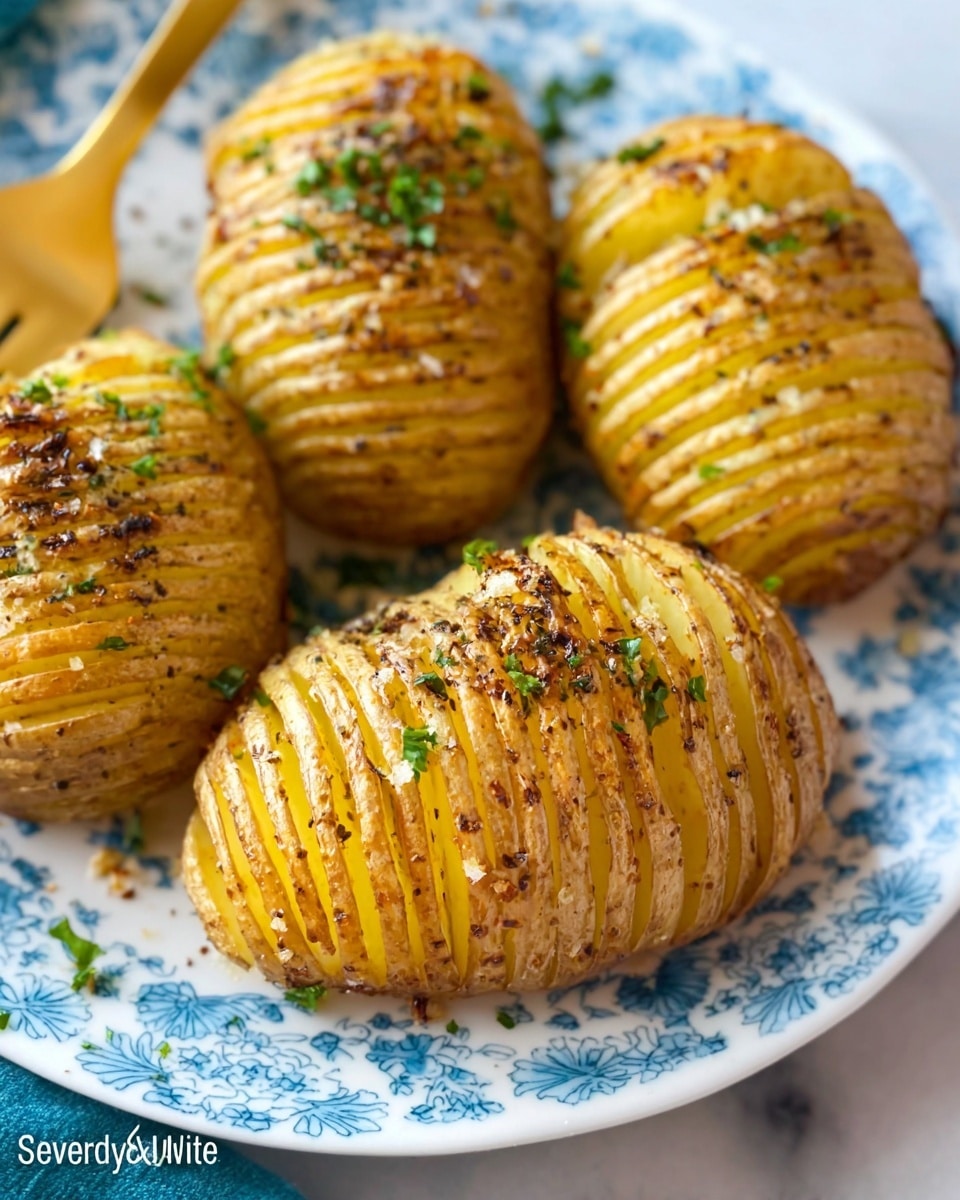 Six golden-brown hasselback potatoes are shown inside a black air fryer basket. Each potato is sliced thinly across the top, with a crispy texture on the edges and sprinkled with herbs and small bits of seasoning all over. The background is a white marbled texture with some green parsley leaves faintly visible. A red and white checkered cloth is partially visible at the bottom right corner. The photo taken with an iphone --ar 4:5 --v 7