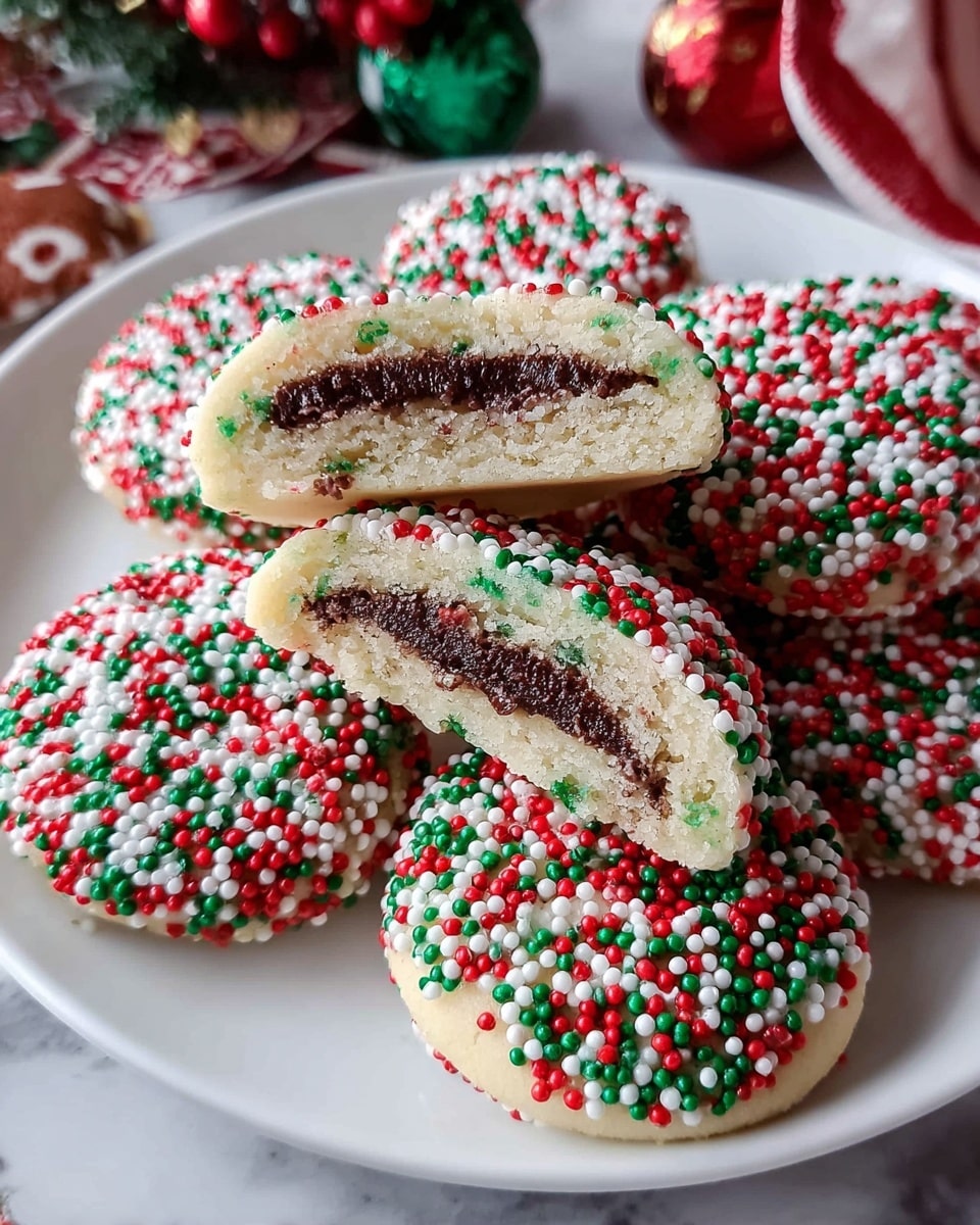 The image shows several round cookies covered in tiny round sprinkles in red, green, and white colors. Each cookie has a soft, pale yellow base with a rough texture from the sprinkles. One cookie is cut in half and placed on top, revealing two layers inside: the outer pale yellow cookie dough on the top and bottom, and a thick dark brown filling in the middle. The cookies rest on a white marbled surface, with some green pine leaves and shiny red Christmas ornaments blurred in the background. Photo taken with an iphone --ar 4:5 --v 7