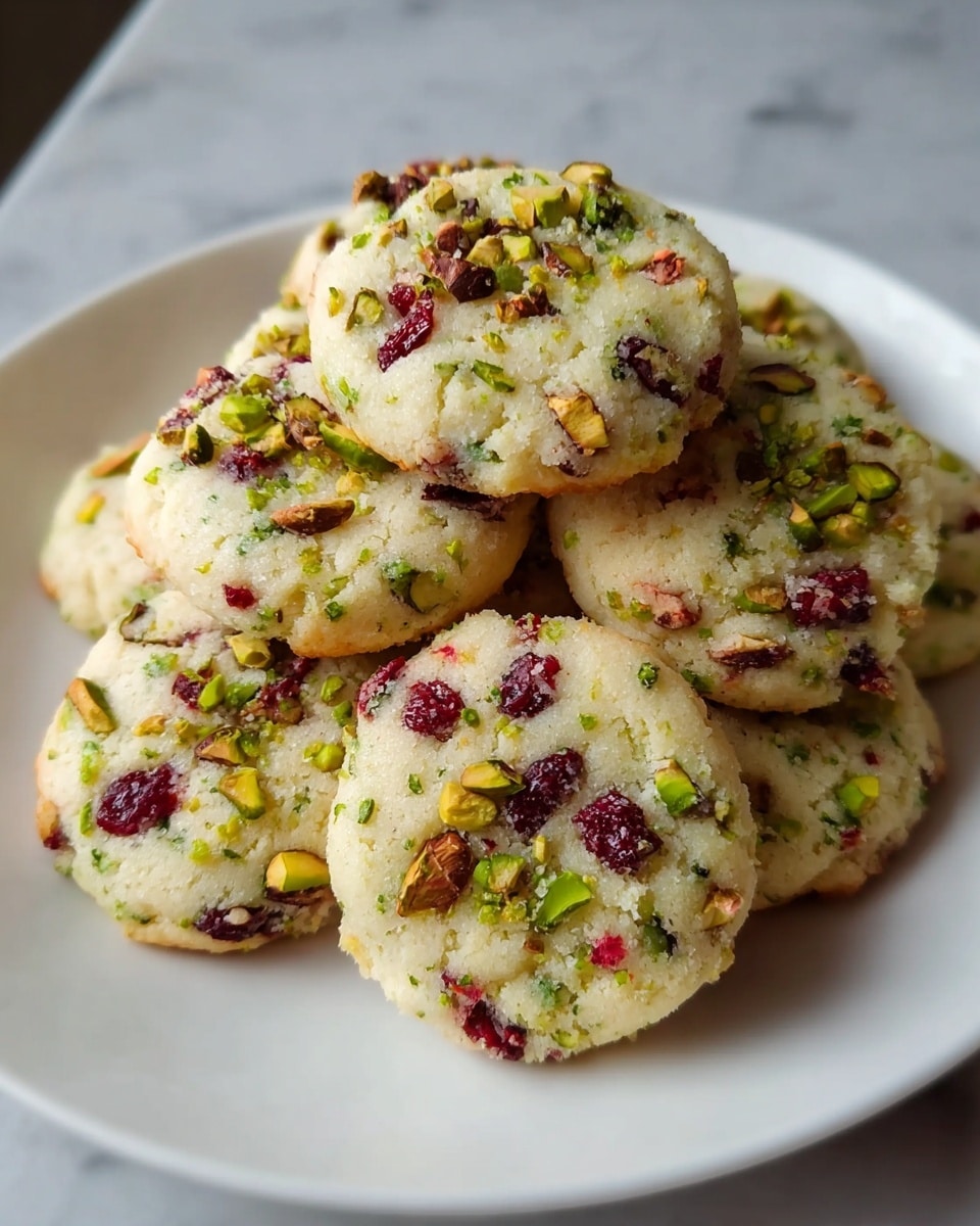 The image shows a white plate filled with round cookies stacked in a small pile. Each cookie is light beige with a slightly rough texture and has bright green pistachio pieces and deep red dried fruit bits evenly scattered on the surface. The cookies look soft with slightly golden edges, and the topping pieces add pops of color, making the cookies look fresh and inviting. The plate sits on a white marbled surface. photo taken with an iphone --ar 4:5 --v 7