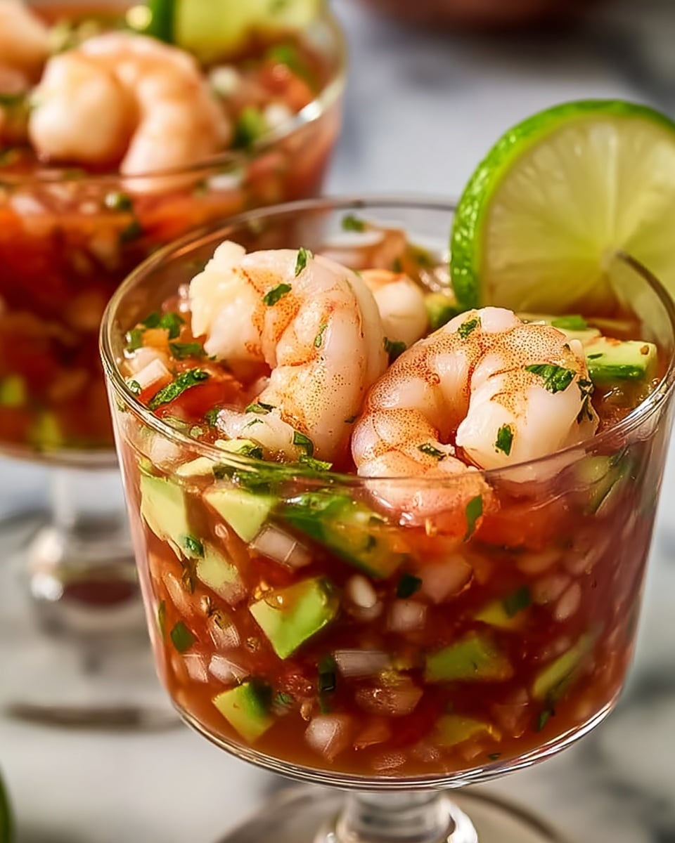 A clear glass filled with a seafood cocktail showing three curled, pinkish-white cooked shrimp on top. Beneath the shrimp, there is a chunky mix of diced green avocado, red tomato sauce, and bits of white onion, all floating in a reddish liquid with small green herb pieces sprinkled inside. A fresh green lime slice rests on the glass rim at the top right. The glass stands on a white marbled surface with a blurred similar glass in the background. photo taken with an iphone --ar 4:5 --v 7