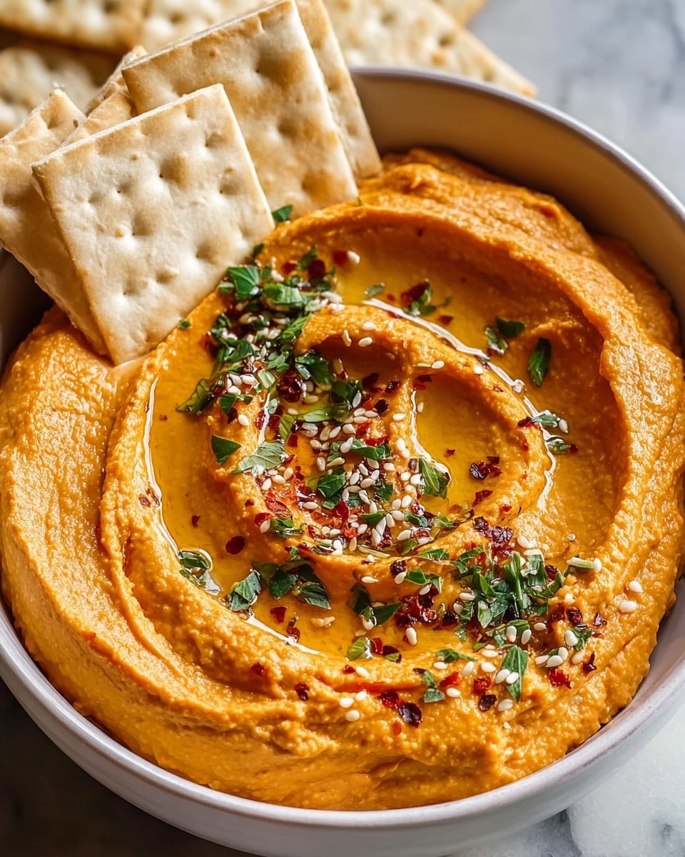 A white bowl filled with smooth orange hummus that has a creamy texture, swirled in the center to form a small well holding golden olive oil. The hummus is topped with green chopped herbs, scattered white sesame seeds, and a few red spice flakes giving it color contrast. Around the edge of the bowl, there are several white crackers with a light, slightly toasted surface standing upright, leaning against the hummus. The bowl sits on a white marbled surface. photo taken with an iphone --ar 4:5 --v 7