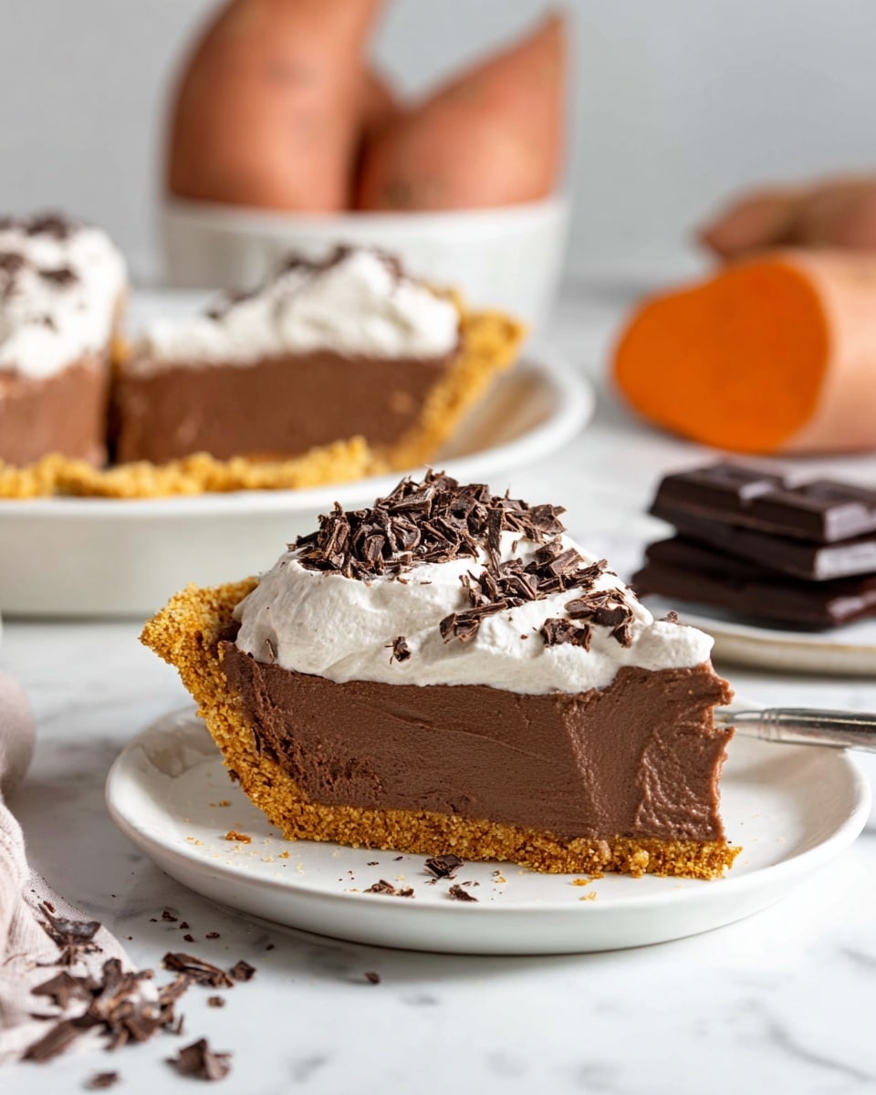 A slice of chocolate pie with three layers sits on a white plate on a white marbled surface; the bottom layer is a crumbly golden-brown crust, the thick middle layer is a smooth, dark chocolate filling, and the top layer is a fluffy, light whipped cream sprinkled with dark chocolate shavings. In the background, a second slice of the same pie is on another white plate, slightly out of focus, with a small stack of dark chocolate bars nearby. A white bowl filled with whole sweet potatoes and a metal tool can be seen behind the pie slices. Photo taken with an iphone --ar 4:5 --v 7