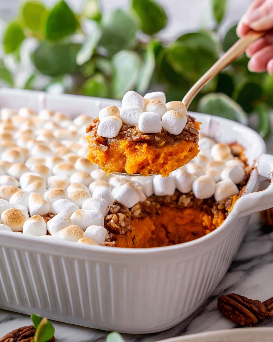 A white casserole dish filled with a layered sweet potato casserole topped with lightly toasted white mini marshmallows; the bottom layer is a bright orange smooth sweet potato mix, the middle has crunchy brown bits possibly pecans, and the top layer is a fluffy, golden-browned marshmallow covering the dish; a spoon is lifting a portion showing the thick sweet potato and marshmallow layers, held by a woman's hand; the background shows green plants with a white marbled surface beneath. photo taken with an iphone --ar 4:5 --v 7
