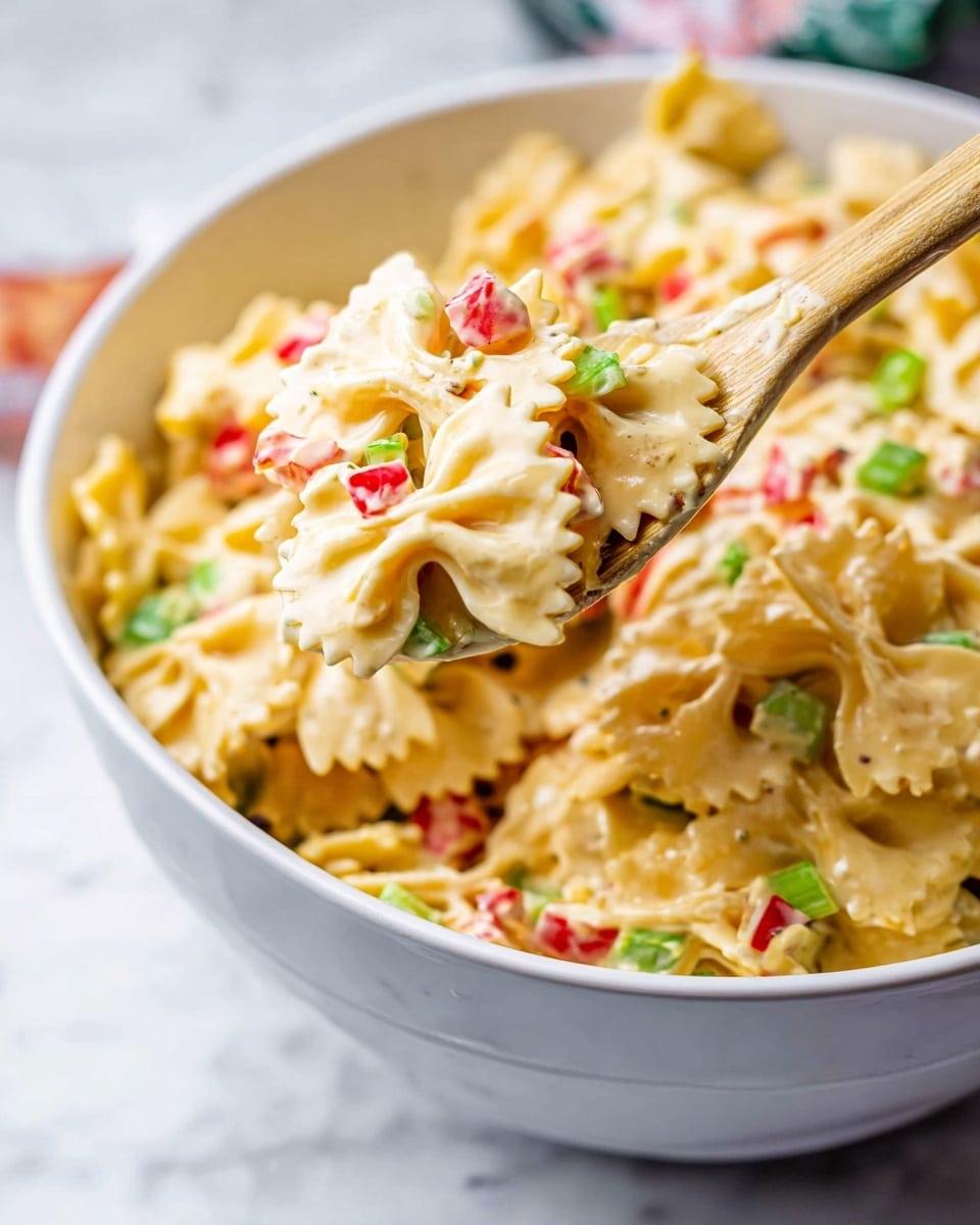 A large white bowl filled with creamy pasta salad with visible layers of sauce coating small bowtie-shaped pasta pieces, mixed with small diced red and green bell peppers and thin green celery slices evenly spread. A wooden spoon lifts a portion of the pasta salad, showing the smooth, light yellow sauce thickly covering the colorful ingredients. The background is a white marbled surface, softly blurred to keep focus on the bowl and spoon. Photo taken with an iphone --ar 4:5 --v 7