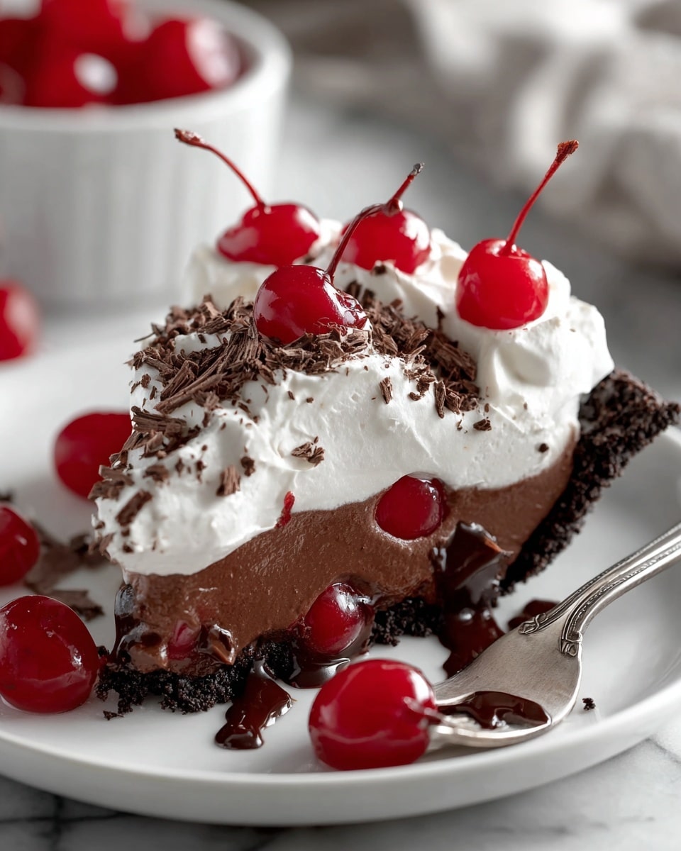 A slice of chocolate pie sits on a white plate over a white marbled surface. The pie has three layers: a dark, crumbly chocolate crust at the bottom, a thick smooth middle layer of rich chocolate filling dotted with glossy red cherries inside, and a top layer of fluffy white whipped cream. The whipped cream is sprinkled with dark chocolate shavings and crowned with bright red cherries. Around the slice on the plate, there are extra cherries and a drizzle of dark chocolate sauce. A silver fork lies next to the slice, and in the background, there is a blurry white bowl with more cherries. photo taken with an iphone --ar 4:5 --v 7