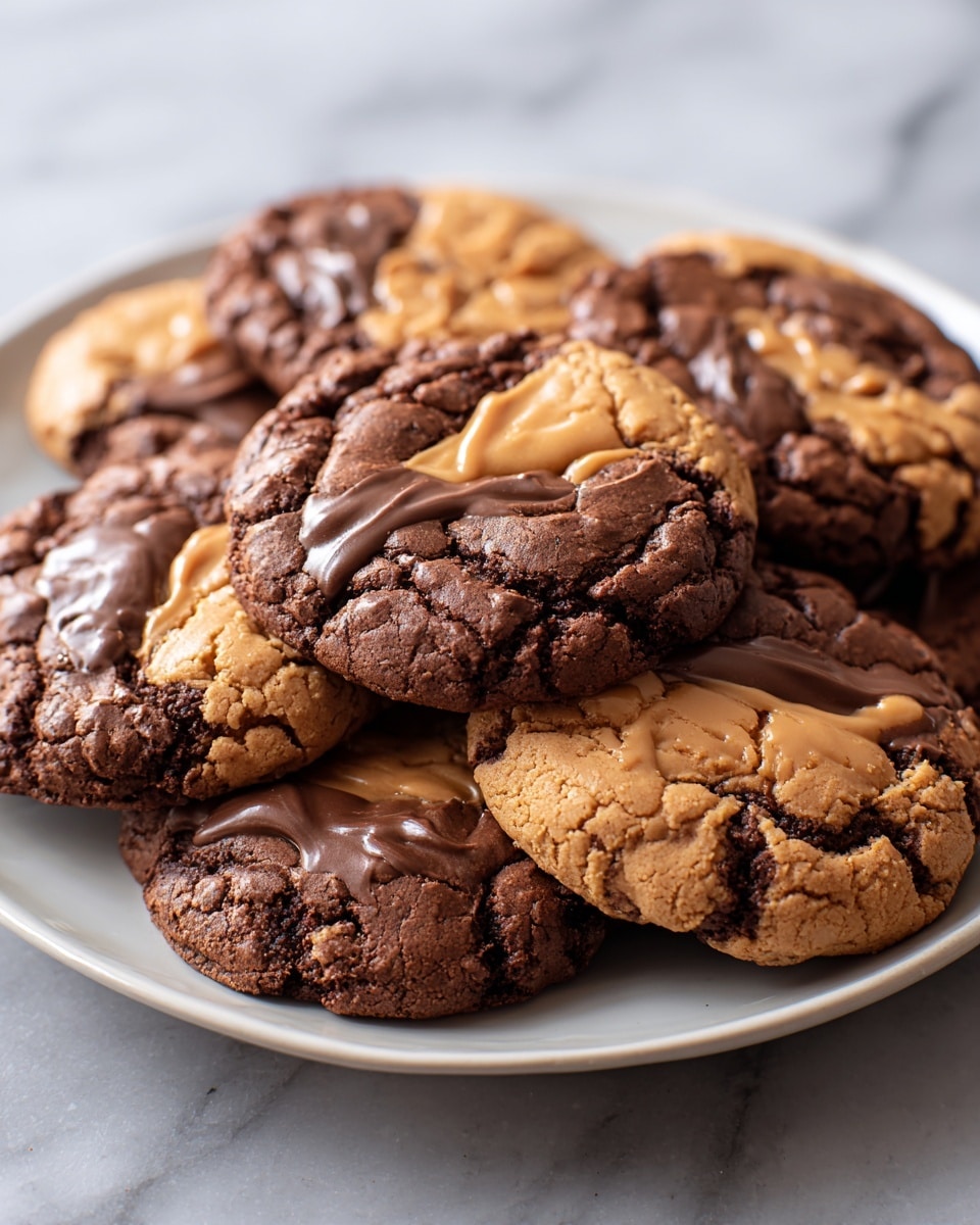 A pile of round, cracked cookies sits on a white plate, each cookie having two main layers: a darker brown chocolate dough and a lighter tan peanut butter dough, swirled and mixed together unevenly. The surface of the cookies shows melted glossy chocolate and smooth, shiny peanut butter in patches, creating a marbled effect with rough, textured edges. The plate rests on a white marbled surface, adding a clean and bright background to the rich and warm colors of the cookies. photo taken with an iphone --ar 4:5 --v 7