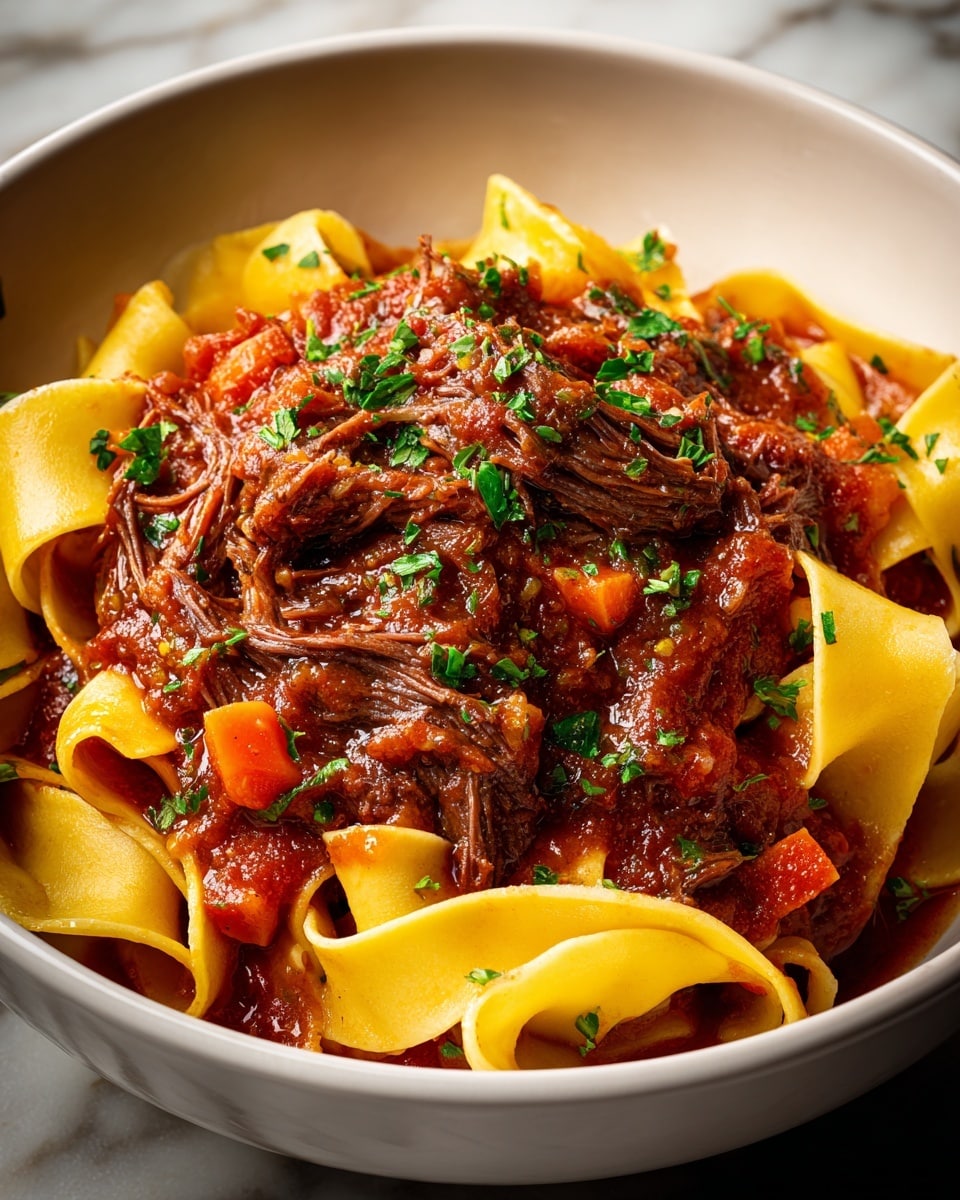 A white bowl holds a serving of wide, flat pasta noodles that are yellow and slightly curled around the edges. On top of the pasta is a generous portion of tender, shredded brown meat in a rich, chunky red sauce with visible pieces of orange carrot. The dish is sprinkled with fresh, bright green parsley, adding a fresh contrast to the warm colors of the meat and pasta. The background shows a white marbled texture. photo taken with an iphone --ar 4:5 --v 7