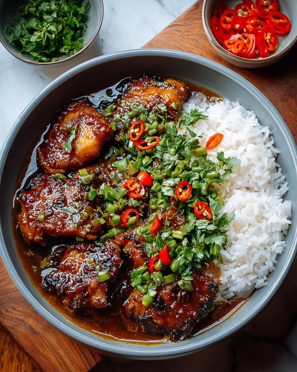A gray bowl filled with white rice on one side, next to six pieces of glazed dark brown grilled chicken covered in a shiny sauce. The chicken is topped with finely chopped green onions, fresh green cilantro leaves, and thinly sliced red chili peppers. Some sauce pools at the bottom of the bowl, creating a rich, glossy layer around the chicken and rice. The bowl is placed on a wooden surface with a small bowl of chopped cilantro and another of sliced red chilies nearby, all set against a white marbled texture. Photo taken with an iphone --ar 4:5 --v 7