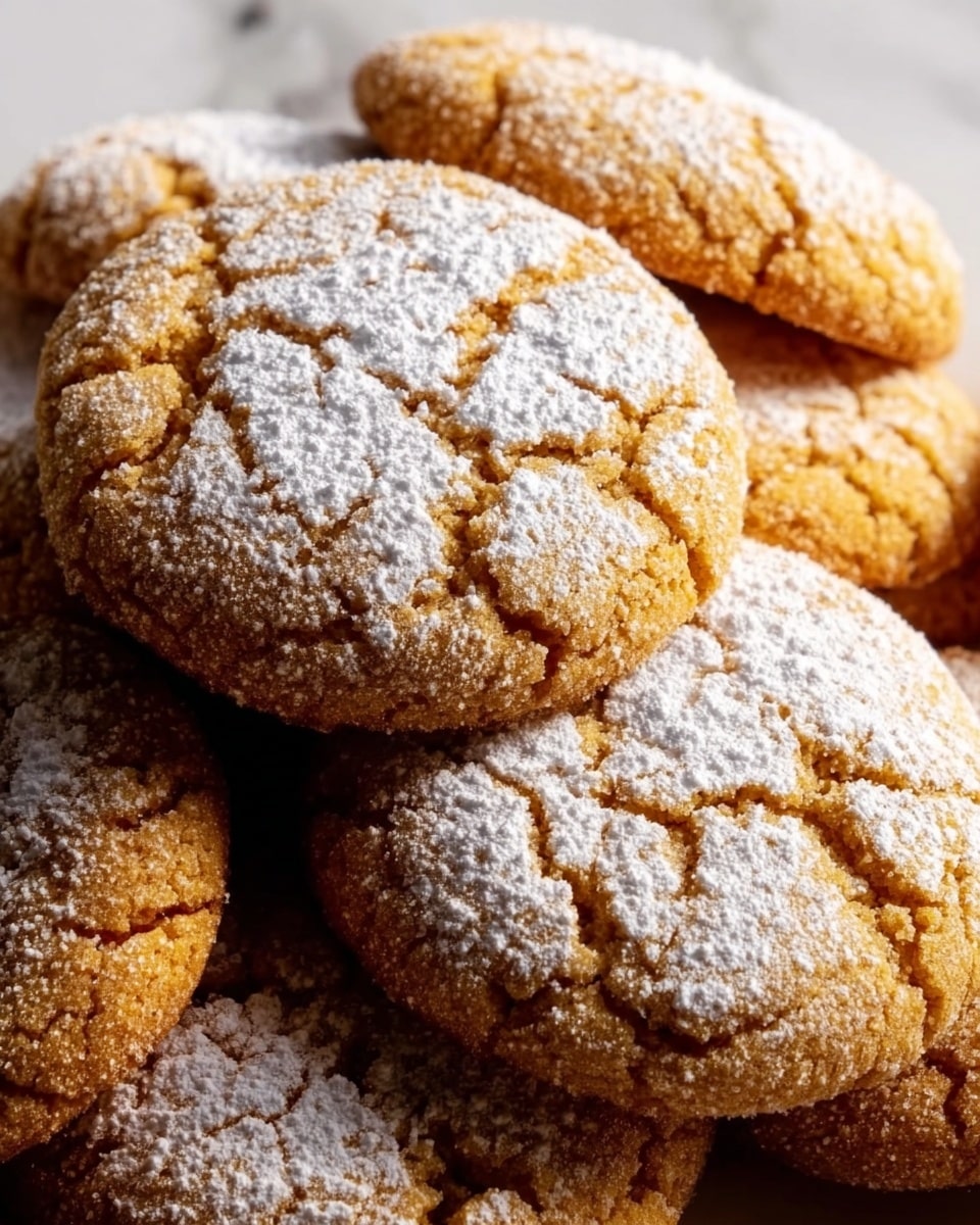 A close-up view of a pile of round cookies with a golden-brown color and a cracked surface texture. Each cookie is dusted with a light layer of powdered sugar, giving a soft white contrast to the warm brown hues. The cookies appear soft and slightly chewy with a rough sugar-coated exterior. The background is a white marbled texture, adding a clean and bright setting to highlight the cookies' warm tones. photo taken with an iphone --ar 4:5 --v 7