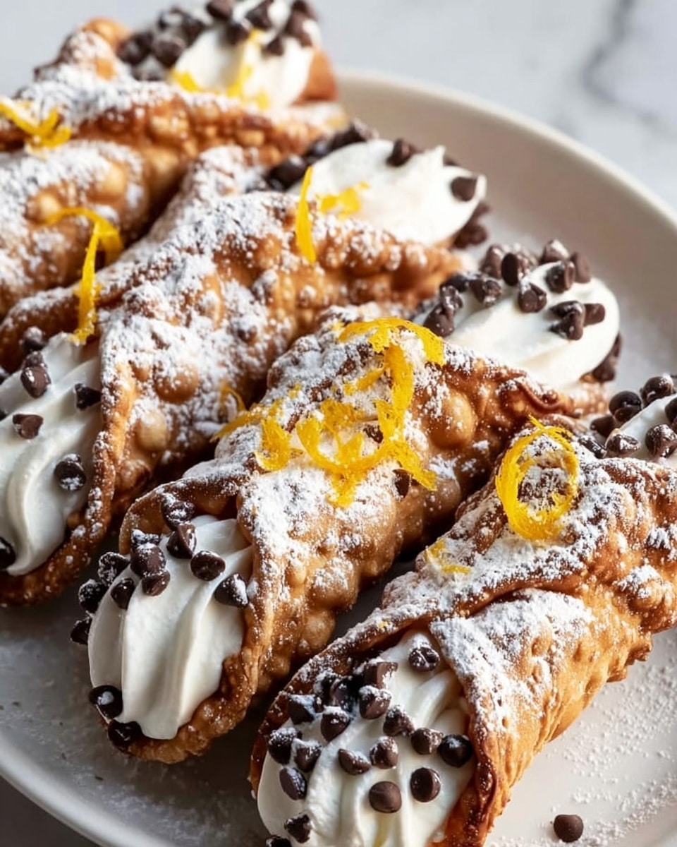 The image shows a close-up of several cannoli resting on a white plate. Each cannoli has a crispy, golden-brown shell dusted with white powdered sugar on the outside. Inside, there is a thick layer of smooth white cream filling that is visible at both ends of the shell. The cream is topped with small, dark chocolate chips which cover the cream edges, and there are thin strips of bright orange zest placed on top for decoration. The plate sits on a white marbled surface. photo taken with an iphone --ar 4:5 --v 7