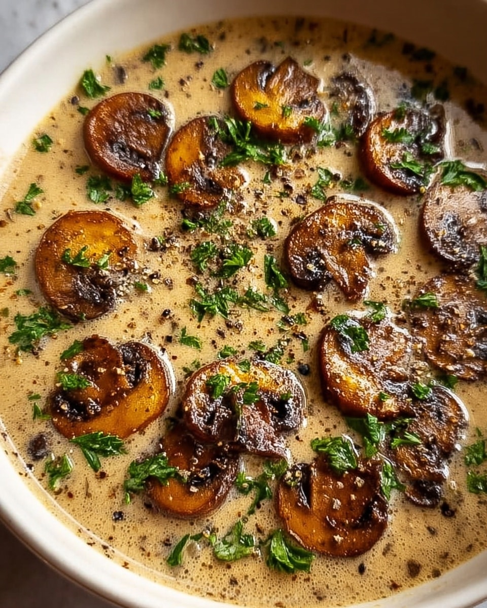 A close-up view of a white bowl filled with creamy mushroom soup, showing a thick creamy base with a light tan color, scattered with browned, sautéed mushroom slices that have a rich golden-brown texture, and garnished with bright green fresh parsley pieces and cracked black pepper sprinkled on top. The soup fills the bowl nearly to the edge, and the bowl sits on a white marbled surface. photo taken with an iphone --ar 4:5 --v 7