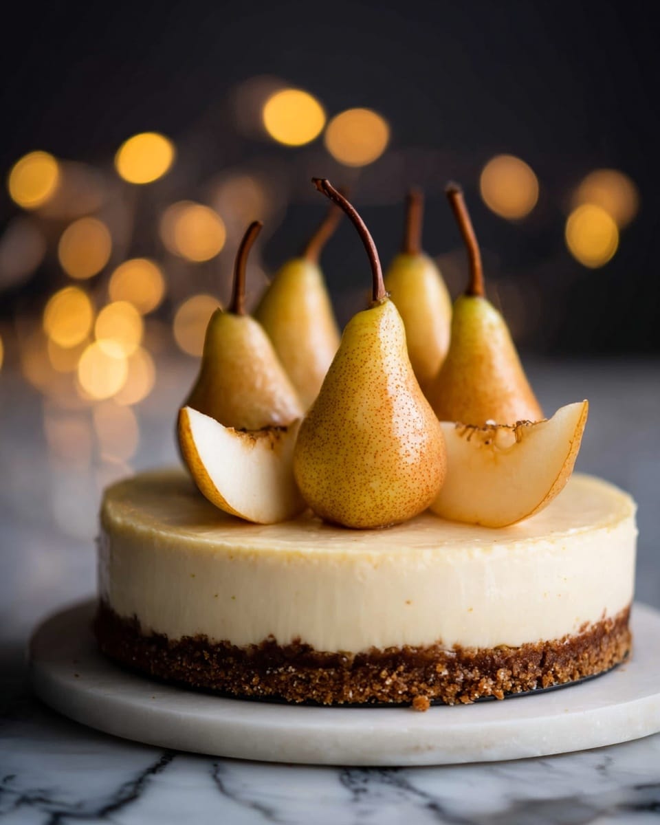 The image shows a round cheesecake with two visible layers: a thick, smooth light cream-colored cheesecake layer on top and a darker brown crumbly crust layer at the bottom. On top of the cheesecake, there are several whole poached pears with their stems upright, arranged closely together, along with a few pear slices laying flat around them. The cheesecake is placed on a white marbled surface, with warm glowing round fairy lights blurred in the dark background. Photo taken with an iphone --ar 4:5 --v 7