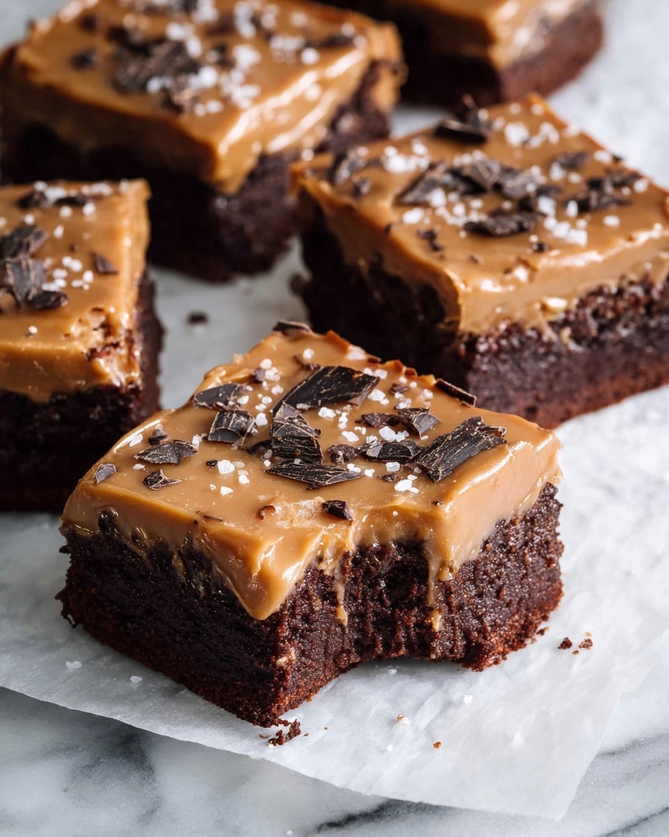 The image shows several square brownies with two distinct layers: a thick, dark brown base that looks moist and dense, topped with a smooth, light brown caramel-like layer. The caramel layer has a glossy finish with slight drips along the sides and is sprinkled with coarse salt flakes and small dark chocolate shavings. One brownie in the front has a bite taken out of it, showing the moist texture of the base and the thick caramel top. The brownies rest on white parchment paper placed on a white marbled surface. The overall look is rich and inviting, with a contrast between the dark base and the light caramel topping. photo taken with an iphone --ar 4:5 --v 7