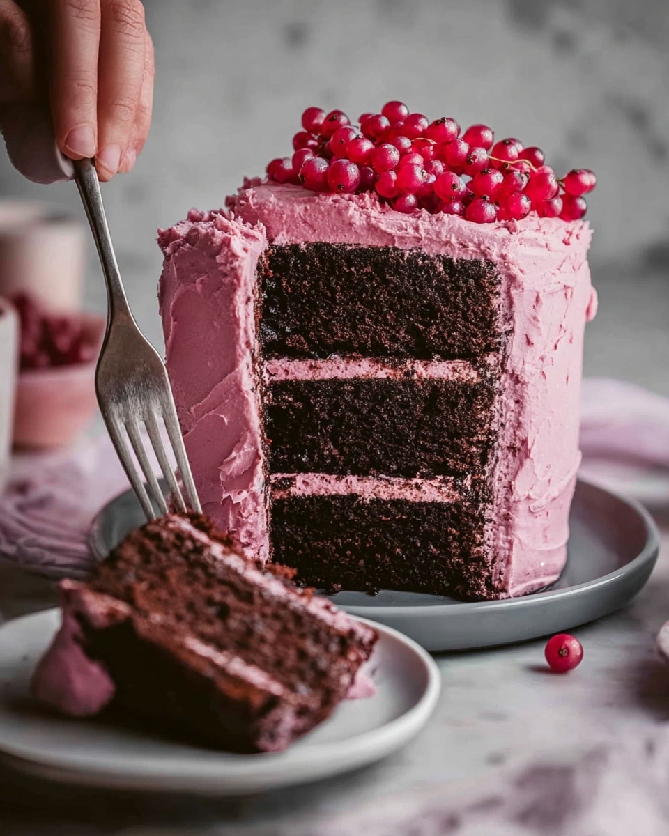 A two-layer chocolate cake sits on a white plate, each dark brown cake layer separated by a thick spread of bright pink frosting. The bottom layer is firm and smooth, topped with a generous layer of vibrant, creamy pink frosting that has a slightly rough texture. The second chocolate layer rests on top, and more of the same pink frosting is being spread on it with a knife, held by a woman's hand. The background features a soft white marbled texture, giving a clean, bright setting to the scene. Photo taken with an iphone --ar 4:5 --v 7