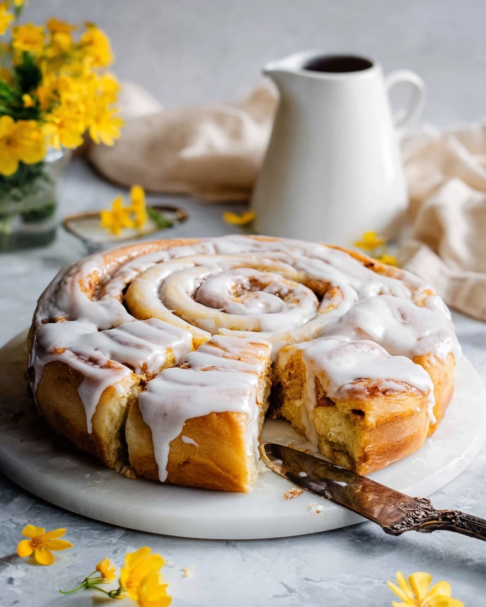 A round cinnamon roll cake with a thick, white icing glaze spiraled on top and dripping down the golden-brown edges sits on a white marble board. The cake is cut into several triangular slices, with one slice slightly lifted by an antique-style silver cake server, showing the soft, fluffy layers inside. In the background, there is a white pitcher filled with a dark liquid, soft beige cloth, and bright yellow flowers, all set on a white marbled surface. Photo taken with an iphone --ar 4:5 --v 7