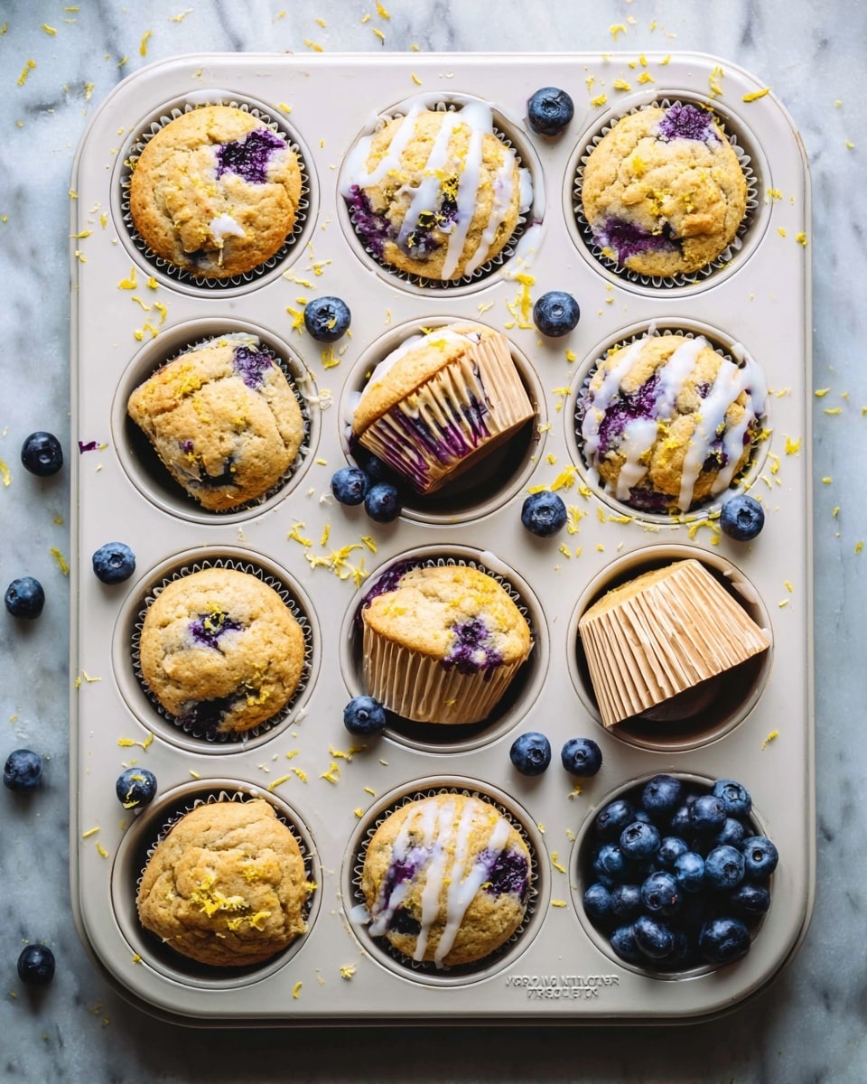 A white muffin tray with twelve slots sits on a white marbled surface, filled with ten blueberry muffins and two slots of fresh blueberries. The muffins have a golden-brown top with visible blueberry pieces and are slightly cracked, showing purple-blue berry juice. Some muffins are drizzled lightly with white icing and sprinkled with yellow lemon zest. Two muffins are upside down, showing a ridged golden side. The blueberries are shiny and deep blue, filling two of the circular slots in the center. A few loose blueberries and lemon zest pieces are scattered around the tray. Photo taken with an iphone --ar 4:5 --v 7