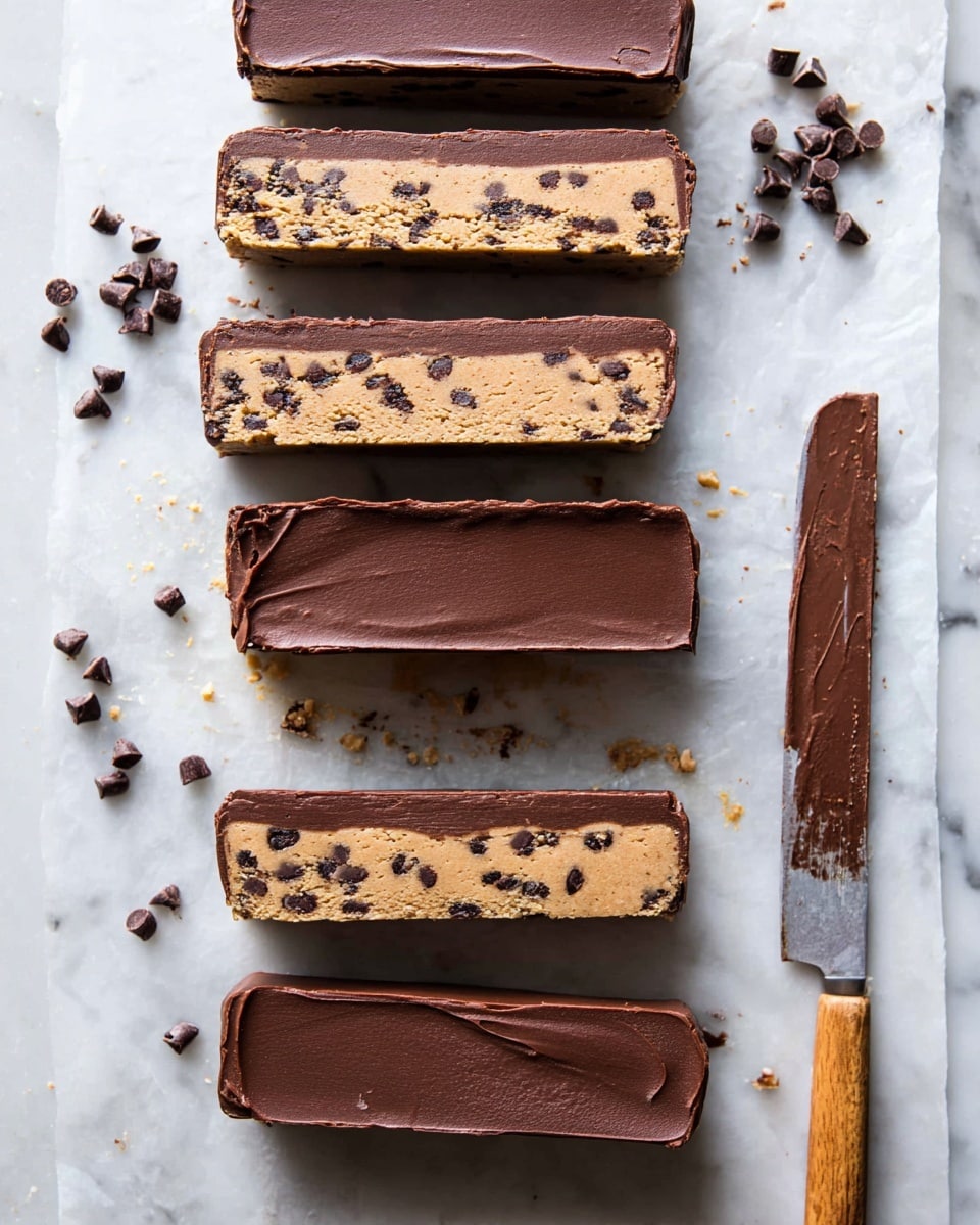 The image shows six rectangular bars of chocolate chip cookie dough with a smooth, thick layer of chocolate on top. Each bar has two layers: a bottom layer of light brown cookie dough filled with dark chocolate chips, and a top layer of solid, glossy dark chocolate with a slightly textured surface. The bars are arranged in two columns on a white marbled surface, with some loose chocolate chips scattered around them. On the right side, there is a knife with a wooden handle, next to some chocolate smudges. Photo taken with an iphone --ar 4:5 --v 7