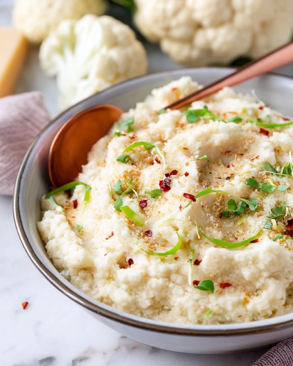 A close-up view of a creamy cauliflower mash served in a white bowl with a metal rim. The mash has a pale off-white color with a soft, slightly fluffy texture. It is sprinkled on top with finely chopped green chives, microgreens, freshly grated cheese, and red chili flakes, adding small pops of green and red colors. A copper-colored spoon is partially buried in the mash, resting on the edge of the bowl. In the background, there is a white marbled surface and parts of fresh cauliflower and a piece of cheese are slightly visible. Photo taken with an iphone --ar 4:5 --v 7
