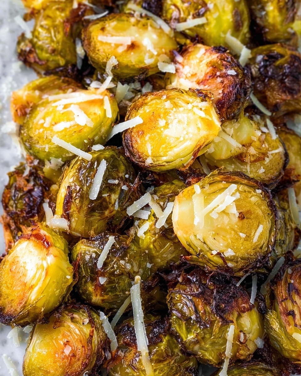 A close-up view shows a fork holding one halved Brussels sprout with a golden brown, crispy outer layer and a soft, caramelized yellow interior. Around the Brussels sprout, there are bits of white flakes scattered, possibly cheese or seasoning. The background is blurred but contains more roasted Brussels sprouts with a mix of green, yellow, and charred brown colors, all resting on a white marbled surface. The image captures the texture and crispiness clearly, highlighting the contrast between the cooked layers. Photo taken with an iphone --ar 4:5 --v 7