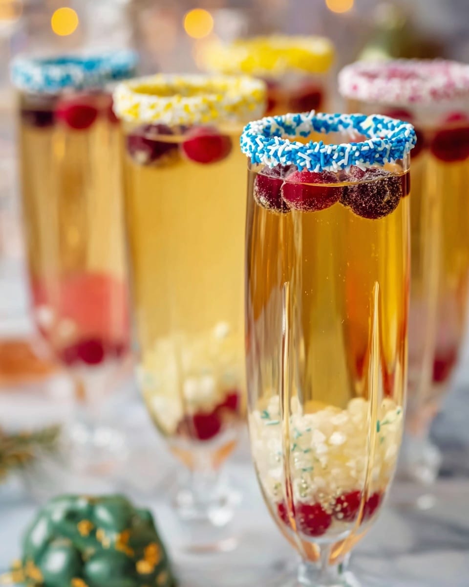 There are several tall, clear champagne glasses filled with a golden bubbly drink. Each glass has a rim dipped in colorful sprinkles; some have blue and white sprinkles on a yellow layer, while others have white sprinkles on a light pink layer. Inside the drink, red berries float both at the top and bottom of the glass. The glasses are set on a white marbled surface with a blurred background showing soft lights and hints of green decoration in the lower corner. Photo taken with an iphone --ar 4:5 --v 7