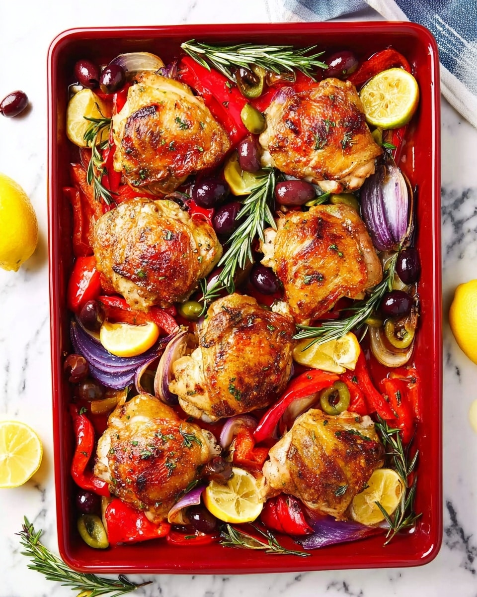 A red baking tray filled with six golden-brown roasted chicken thighs evenly spaced across the tray. Between the chicken pieces are layers of roasted red bell peppers, bright yellow lemon wedges, deep purple onion chunks, dark black olives, and scattered green capers, adding vibrant colors and varied textures. Sprigs of fresh green rosemary rest gently on top, enhancing the look with a hint of greenery. The tray is placed on a white marbled surface, surrounded by a few extra lemon wedges and olives. Photo taken with an iphone --ar 4:5 --v 7