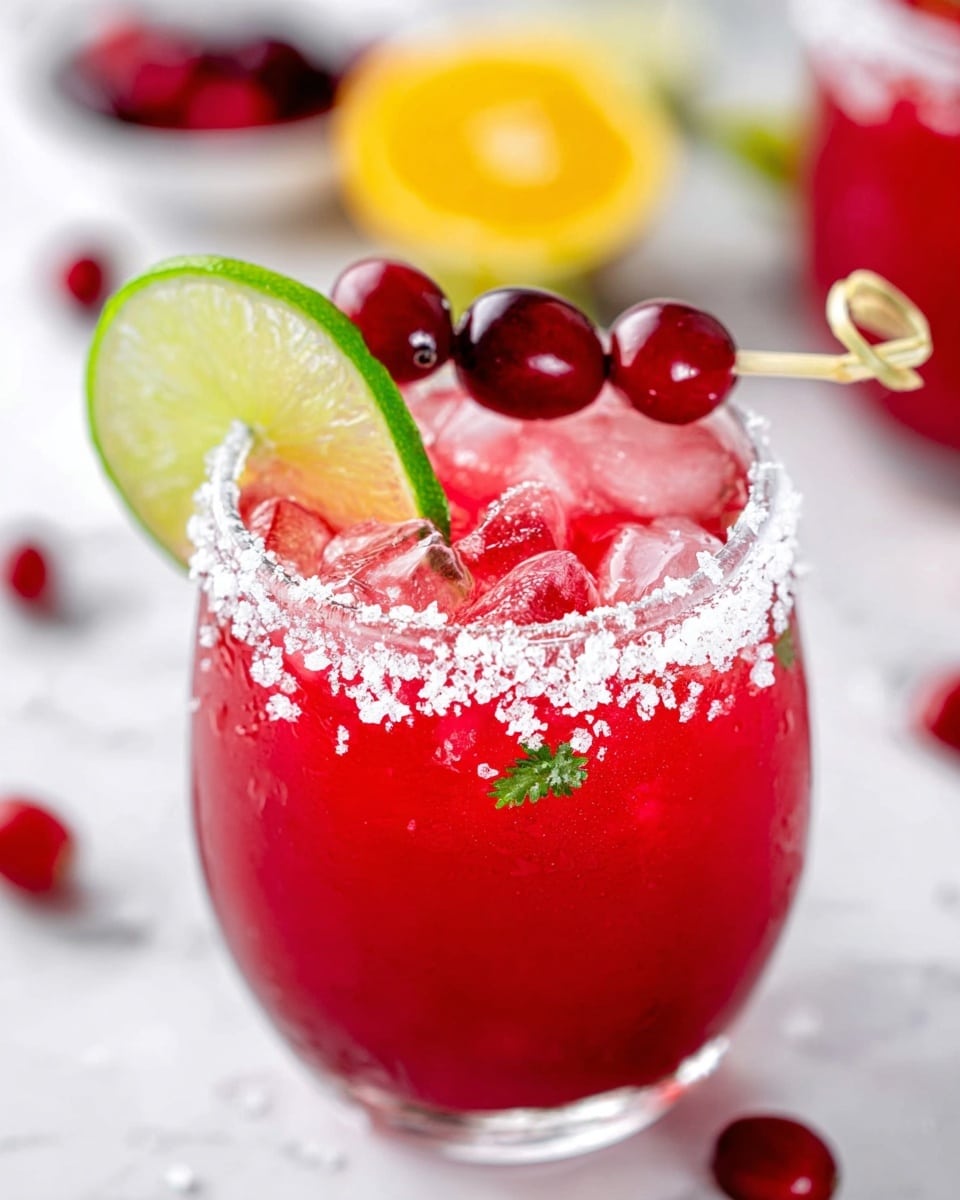 A tall cocktail glass with a twisted stem holds a drink with two main layers: a deep red at the bottom and a light pink at the top, filled with ice cubes. The glass rim is coated with coarse salt, and a skewer with three red berries rests across the rim. Behind the glass, a second similar drink is visible but blurred. The glass sits on a light wooden round board beside loose red berries, a lime wedge, and a few sprigs of green rosemary. The background shows blurry hints of cut citrus fruits and a metal jigger on a white marbled surface. Photo taken with an iphone --ar 4:5 --v 7