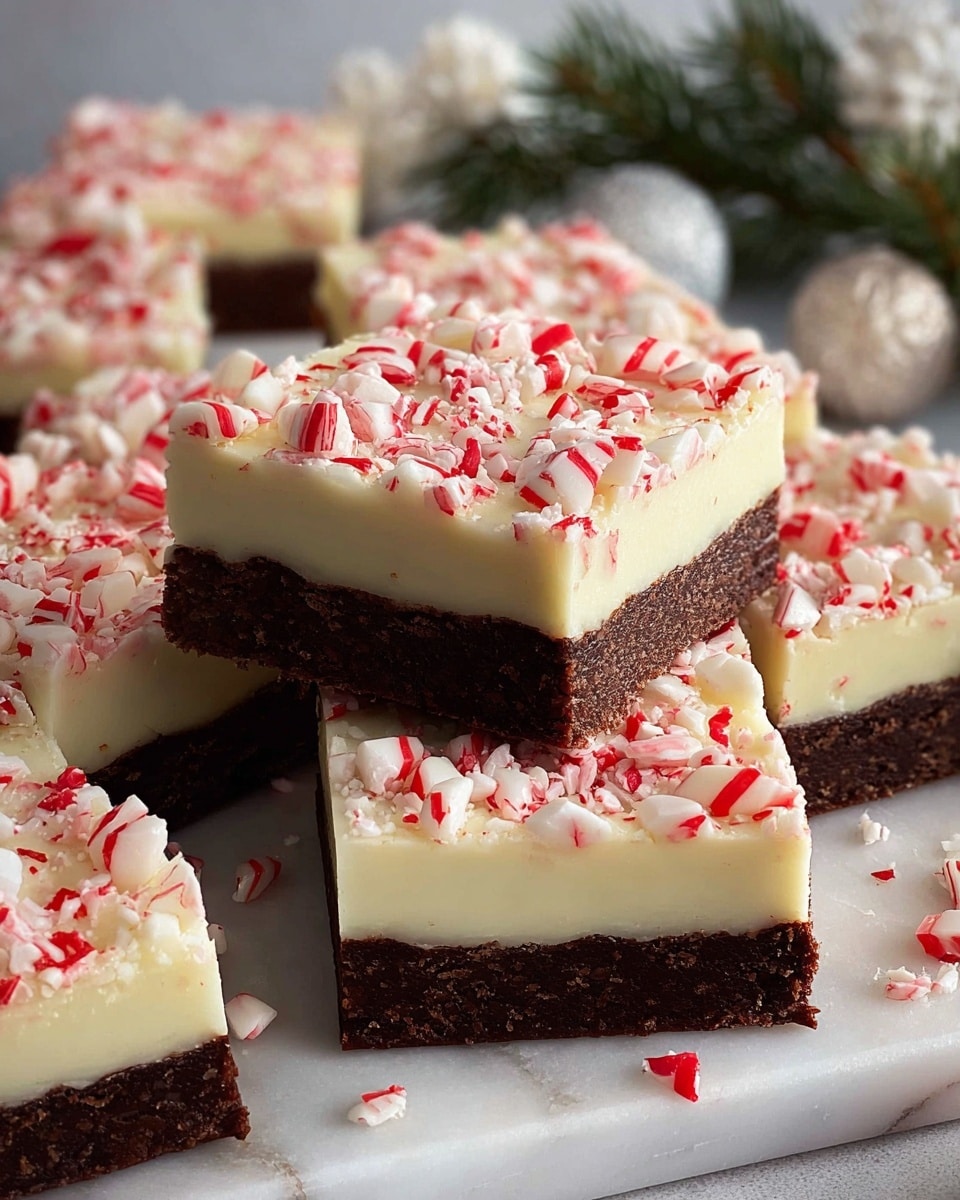 The image shows square-shaped dessert bars with two clear layers: the bottom layer is thick, dark brown and fudgy, while the top layer is creamy white with a smooth texture. Crushed red and white peppermint candy pieces are sprinkled generously on top of the white layer, adding a colorful contrast. Several bars are stacked neatly in the center of the image on a white marbled surface, with other pieces scattered around. In the background, there are white holiday decorations and small green pine branches, giving a festive look. photo taken with an iphone --ar 4:5 --v 7