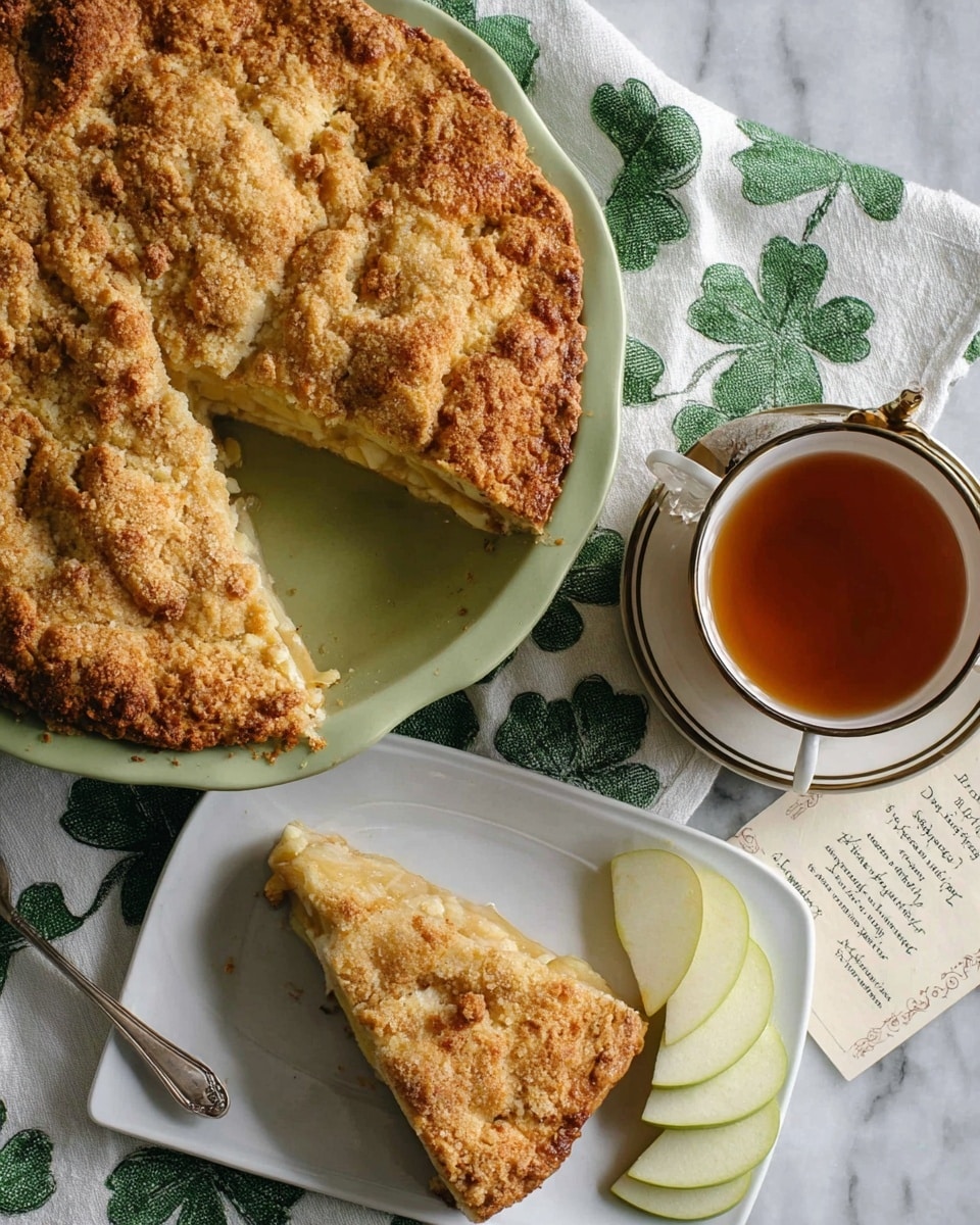 A golden brown crumbly pie with a rough textured top layer sits in a pale green pie dish, with a slice cut out revealing a thick, flaky bottom crust. On a white rectangular plate below, a triangular slice of the pie shows the same golden crumbly top and flaky crust base, next to three pale green apple slices arranged slightly overlapping. To the right, a cup with amber tea fills almost to the rim inside a white cup with a dark brown handle. The items rest on a white marbled texture with a green and white clover patterned cloth beneath the pie dish. A small card with a traditional Irish blessing in cursive text lies near the cup. photo taken with an iphone --ar 4:5 --v 7