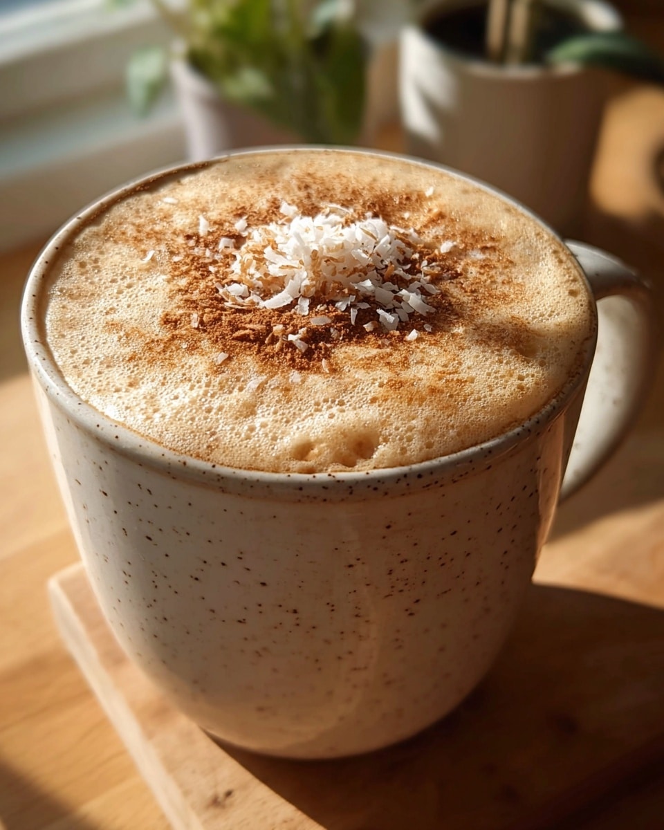 A close-up view of a white speckled mug filled with frothy cappuccino, where the top layer is creamy light brown foam with a slightly bubbly texture. On top of the foam, there is a sprinkle of light brown powder, likely cinnamon, with a small pile of white coconut flakes in the center, adding texture and contrast. The mug sits on a light brown wooden surface, with a blurred background showing out-of-focus plants. The light in the scene casts natural shadows and highlights, enhancing the warm, cozy mood. photo taken with an iphone --ar 4:5 --v 7
