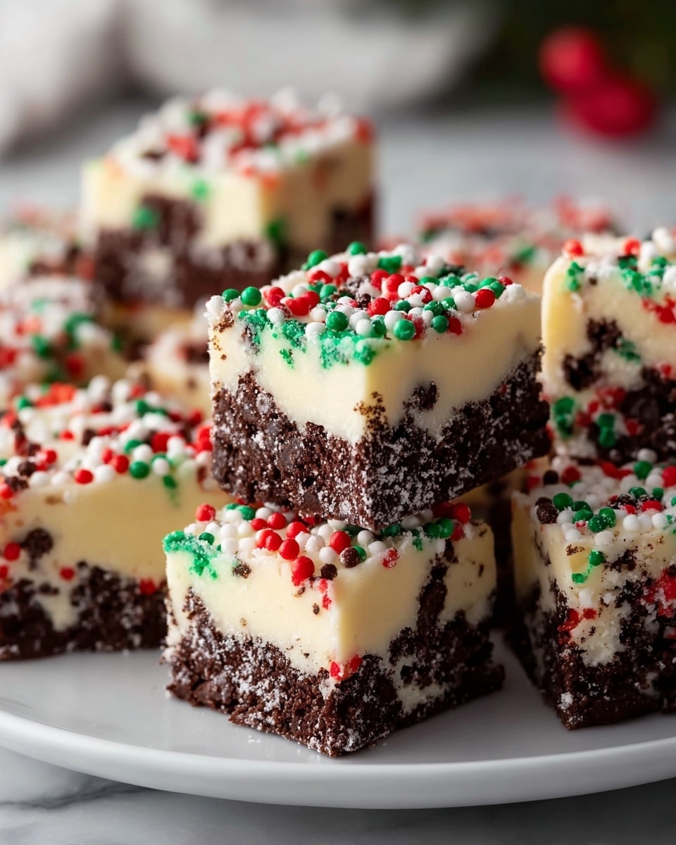The image shows a close-up of several square fudge pieces stacked on a white plate set on a white marbled surface. Each fudge piece has two layers: the bottom layer is dark brown with a crumbly texture, resembling crushed cookies, and the top layer is creamy white and smooth. The top layer is decorated with red, green, and white festive sprinkles scattered all over. The pieces are arranged in a slightly uneven stack with some blurred pieces in the background, giving a cozy and festive look. photo taken with an iphone --ar 4:5 --v 7