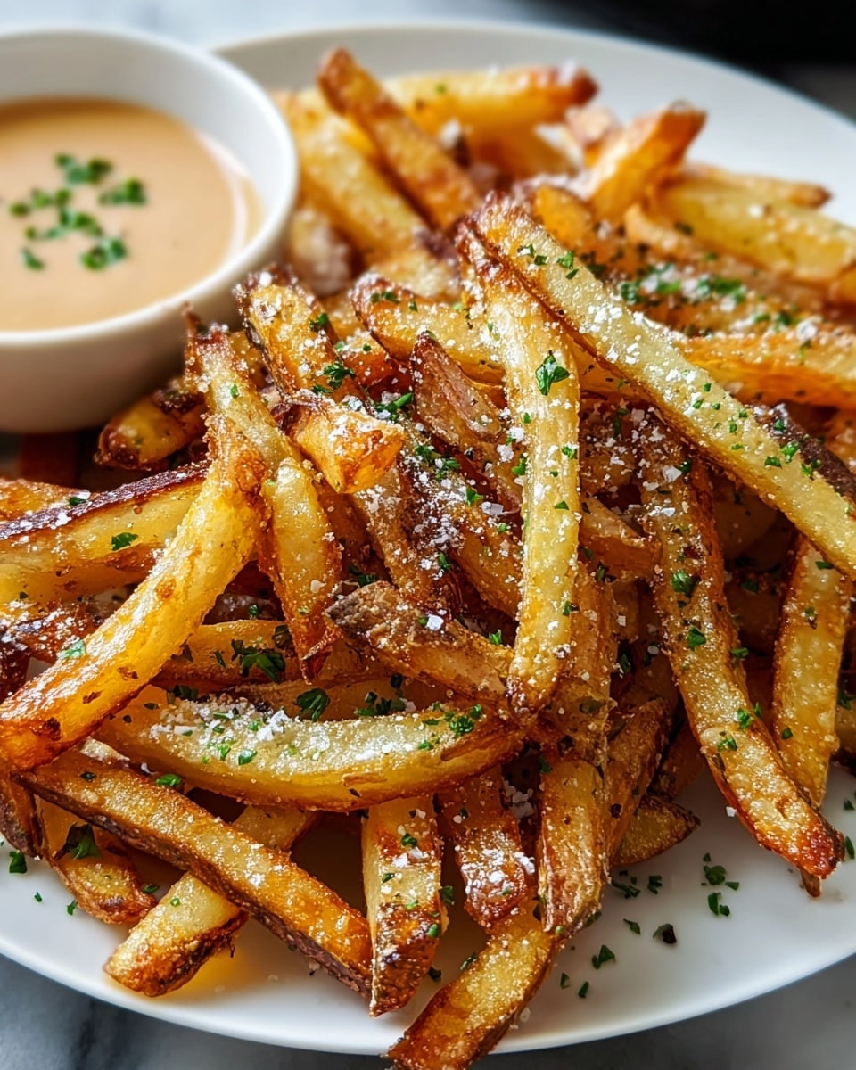 A close-up view of a pile of golden-brown fries in a white plate, each fry showing a crispy texture with darker edges and soft inside. The fries are sprinkled with coarse salt, crushed black pepper, and small green parsley bits scattered over the top. The white plate sits on a white marbled surface, and part of a small white bowl with a creamy light brown sauce is visible in the background. The fries fill most of the plate with some overlapping and layered naturally. photo taken with an iphone --ar 4:5 --v 7
