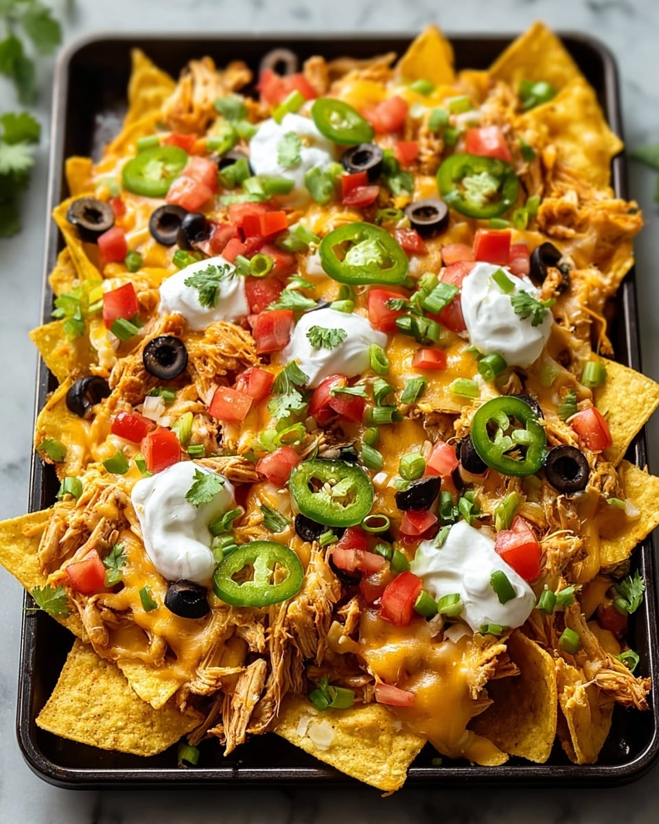 A tray filled with crispy yellow corn tortilla chips forms the bottom layer, topped with melted golden cheddar cheese that covers the chips evenly. On top of the cheese, there are shredded pieces of cooked chicken in light brown color, mixed in with small black olive slices and chopped green onions. Scattered bright red diced tomatoes add a fresh look along with thin green jalapeño slices across the dish. Small white dollops of sour cream are placed evenly, and green cilantro leaves are sprinkled on top for a final touch. The tray is set against a white marbled surface. photo taken with an iphone --ar 4:5 --v 7
