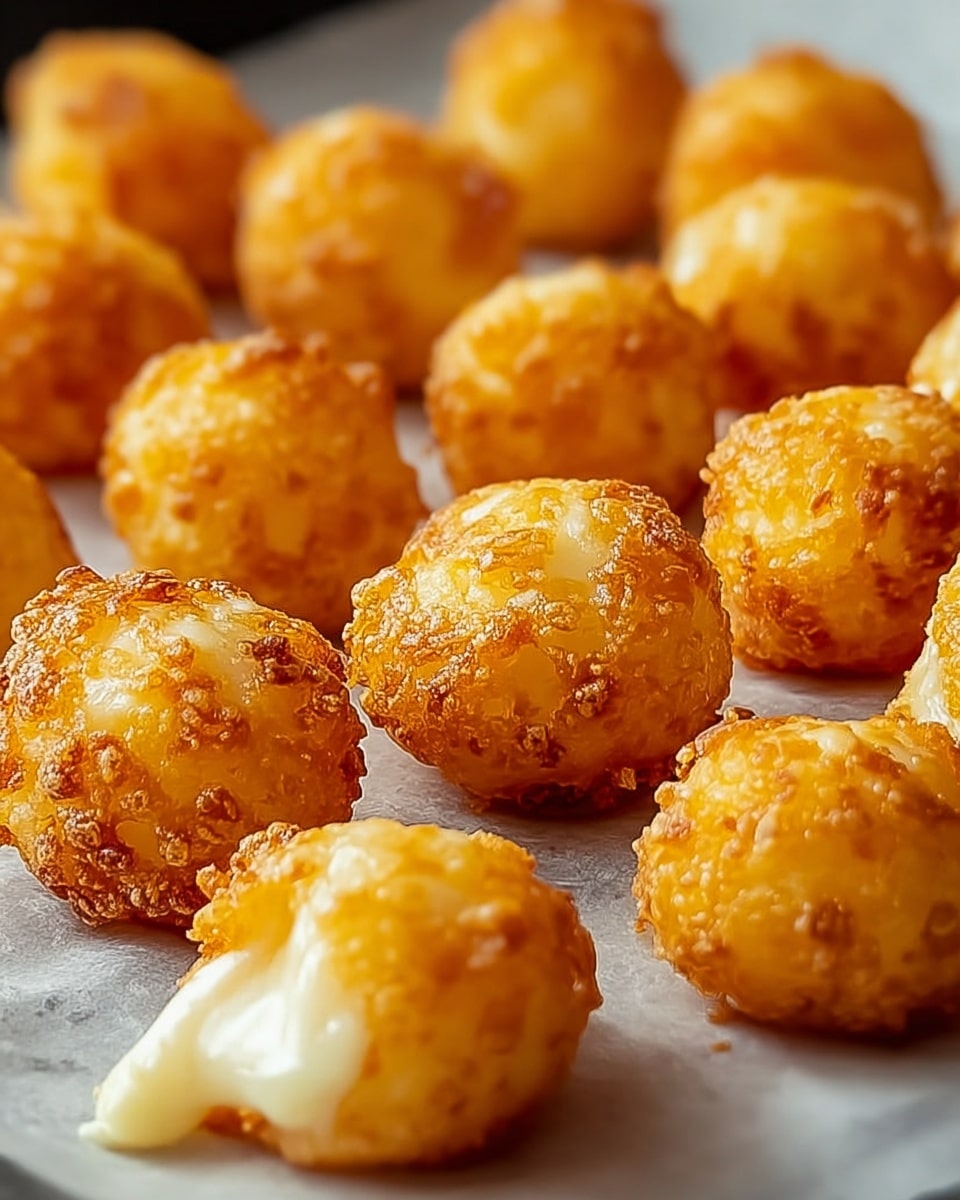 This image shows a close-up of many small, round, golden-brown fried cheese balls arranged closely on a piece of parchment paper. Each ball has a crispy, crunchy outer layer with a textured surface, and some show melted cheese oozing out, making them look soft and gooey inside. The background is a white marbled texture, giving a clean and bright look to the photo taken with an iphone --ar 4:5 --v 7