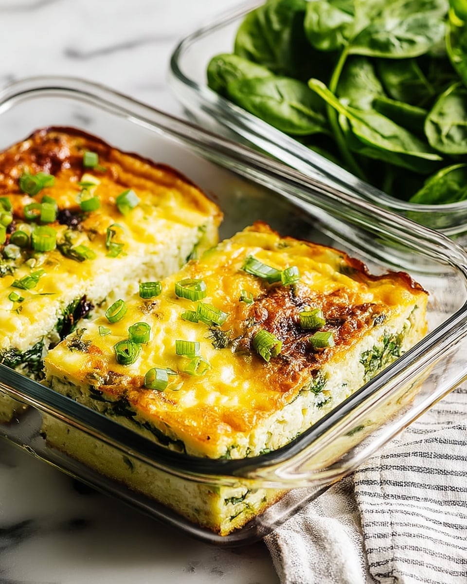 Two square slices of baked egg casserole sit side by side in a clear glass dish on a white marbled surface next to a white cloth with thin stripes. Each slice has three visible layers: a light yellow, fluffy egg layer on top with browned, slightly crispy edges; a middle layer of light green leafy vegetables; and a bottom layer of white cheese mixed with herbs. The top layer is sprinkled with finely chopped green onions scattered across the surface. Behind the casserole dish is a square glass bowl filled with fresh, bright green spinach leaves. Photo taken with an iphone --ar 4:5 --v 7