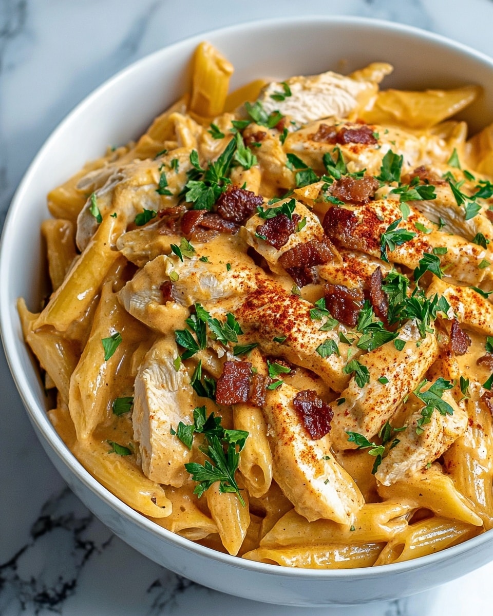 A white bowl filled with creamy penne pasta coated in a smooth orange sauce, layered with slices of tender, cooked chicken on top. Small pieces of crispy bacon add a dark reddish-brown texture scattered unevenly across the dish. Fresh green parsley leaves are sprinkled generously on top, adding a pop of bright color. The creamy sauce clings to the penne, creating a glossy finish, while the chicken pieces show a slight dusting of reddish seasoning across their surface. The bowl sits on a surface with a white marbled texture. photo taken with an iphone --ar 4:5 --v 7
