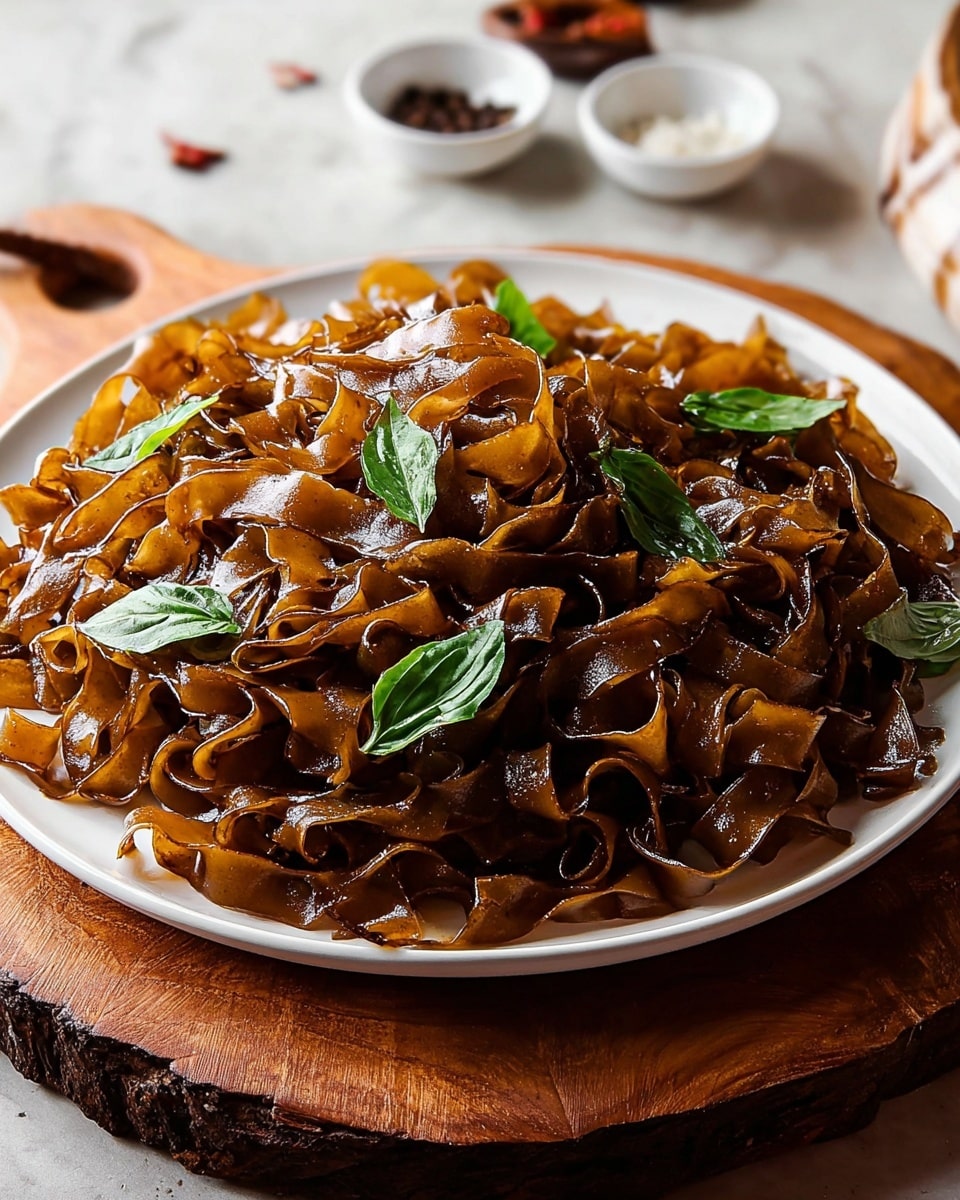 A white round plate holds a generous serving of wide, flat rice noodles cooked to a glossy dark brown color, coated in a shiny sauce. The noodles have a soft, slightly curled texture with some twisty edges. Scattered evenly on top are fresh, bright green basil leaves, adding a pop of color. The plate is placed on a wooden board, and in the background, small white bowls with spices and salt can be seen on a white marbled surface. photo taken with an iphone --ar 4:5 --v 7