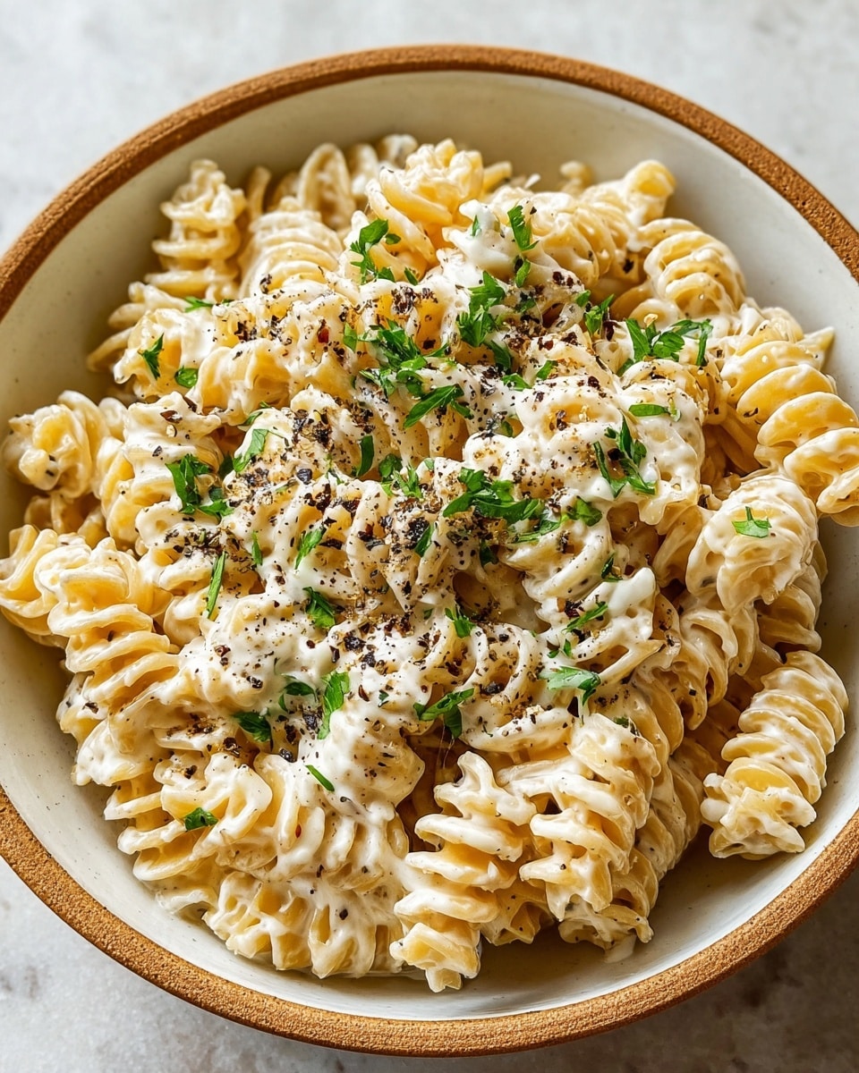 A bowl filled with creamy pasta shows many spiral-shaped pasta pieces covered in thick white sauce. The pasta is golden-yellow, holding the smooth sauce that coats each spiral tightly. Small green herb pieces, likely parsley, are spread evenly on top, along with a sprinkle of black pepper that adds contrast. The bowl is white with a natural light brown rim, sitting on a white marbled textured surface. photo taken with an iphone --ar 4:5 --v 7