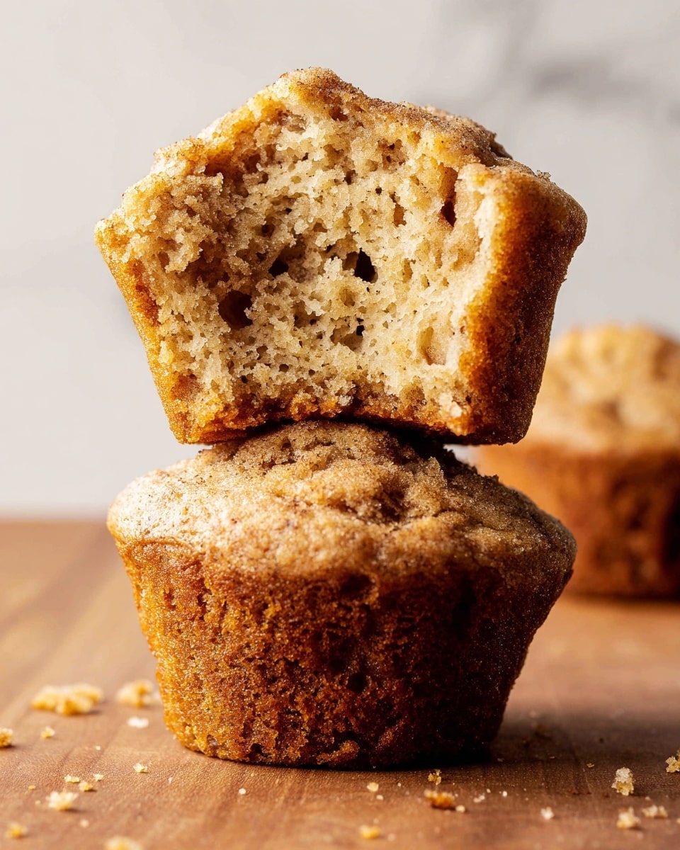 Two soft and moist brown muffins are stacked on a wooden surface with white marbled texture in the background. The top muffin is broken in half, showing its fluffy and airy texture with many small holes inside. The bottom muffin is also partly broken, revealing the same soft brown crumb with a slightly rough and crumbly surface. Both muffins have a light golden-brown crust that is slightly rough and crumbly, with small crumbs scattered around them. photo taken with an iphone --ar 4:5 --v 7