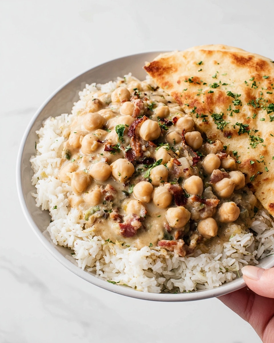 A close-up image shows a white plate filled with three distinct layers: the bottom layer has white fluffy rice grains, the middle layer features a creamy beige chickpea curry with visible spices and small green herb pieces, and the top right section has a golden-brown flatbread garnished with green herbs. The chickpea layer has a thick texture with round chickpeas and some reddish chunks mixed in. A woman's hand holds the edge of the plate against a clean white marbled surface background. Photo taken with an iphone --ar 4:5 --v 7