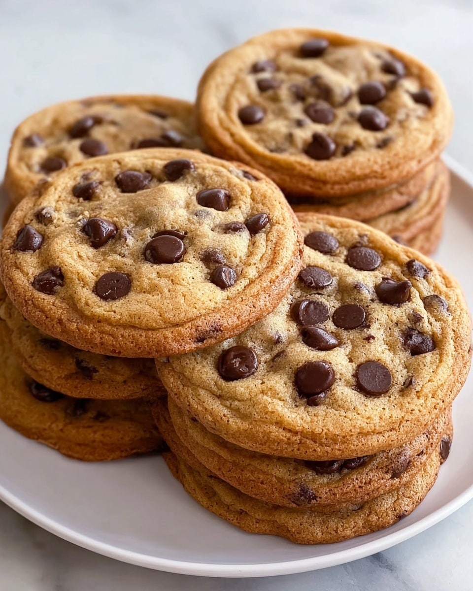 A white plate holds two stacks of golden-brown chocolate chip cookies, each stack with three cookies. The cookies are thick with a slightly crispy edge and soft center, dotted generously with glossy dark chocolate chips on the surface. The cookies have a textured, slightly cracked top, showing a warm, baked look. The plate is placed on a white marbled surface, which adds a clean and bright background to the warm tones of the cookies. photo taken with an iphone --ar 4:5 --v 7